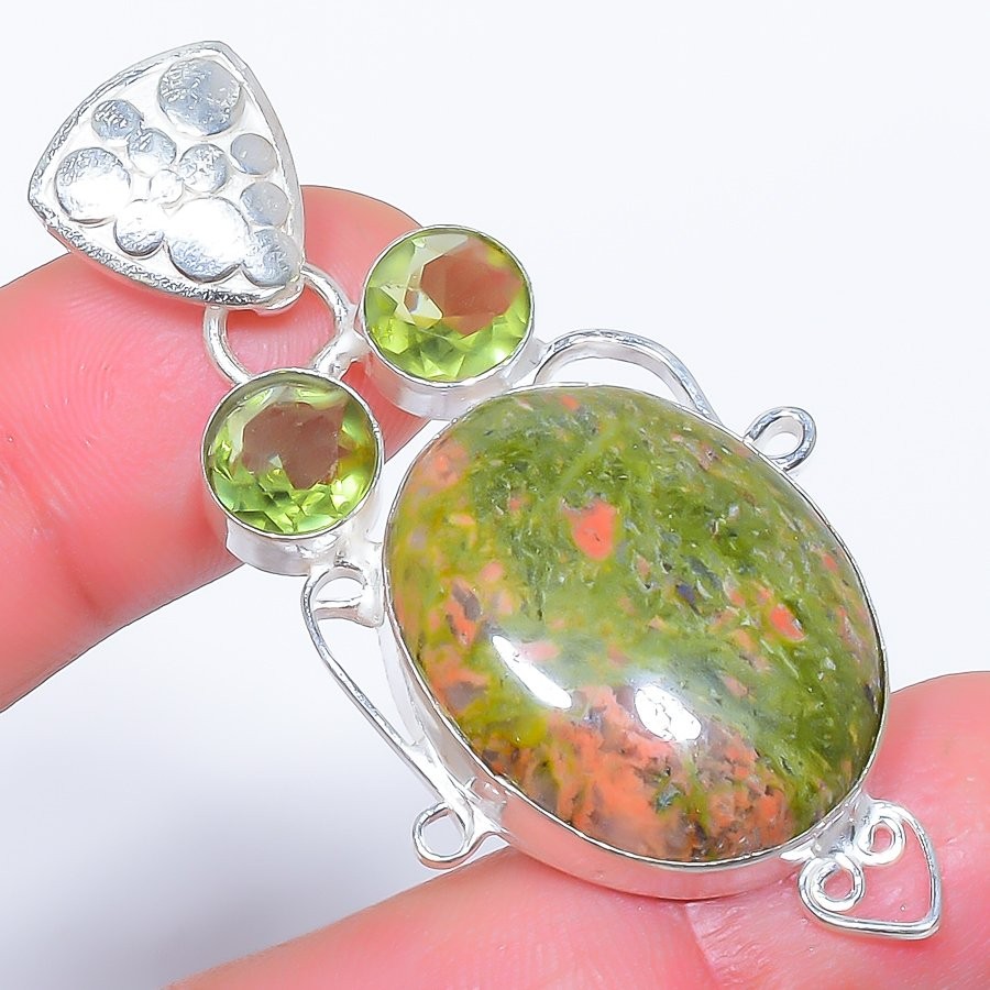 Natural Unakite & Peridot Gemstone 925 Silver Plated Jewelry Pendant 2.2″ F256