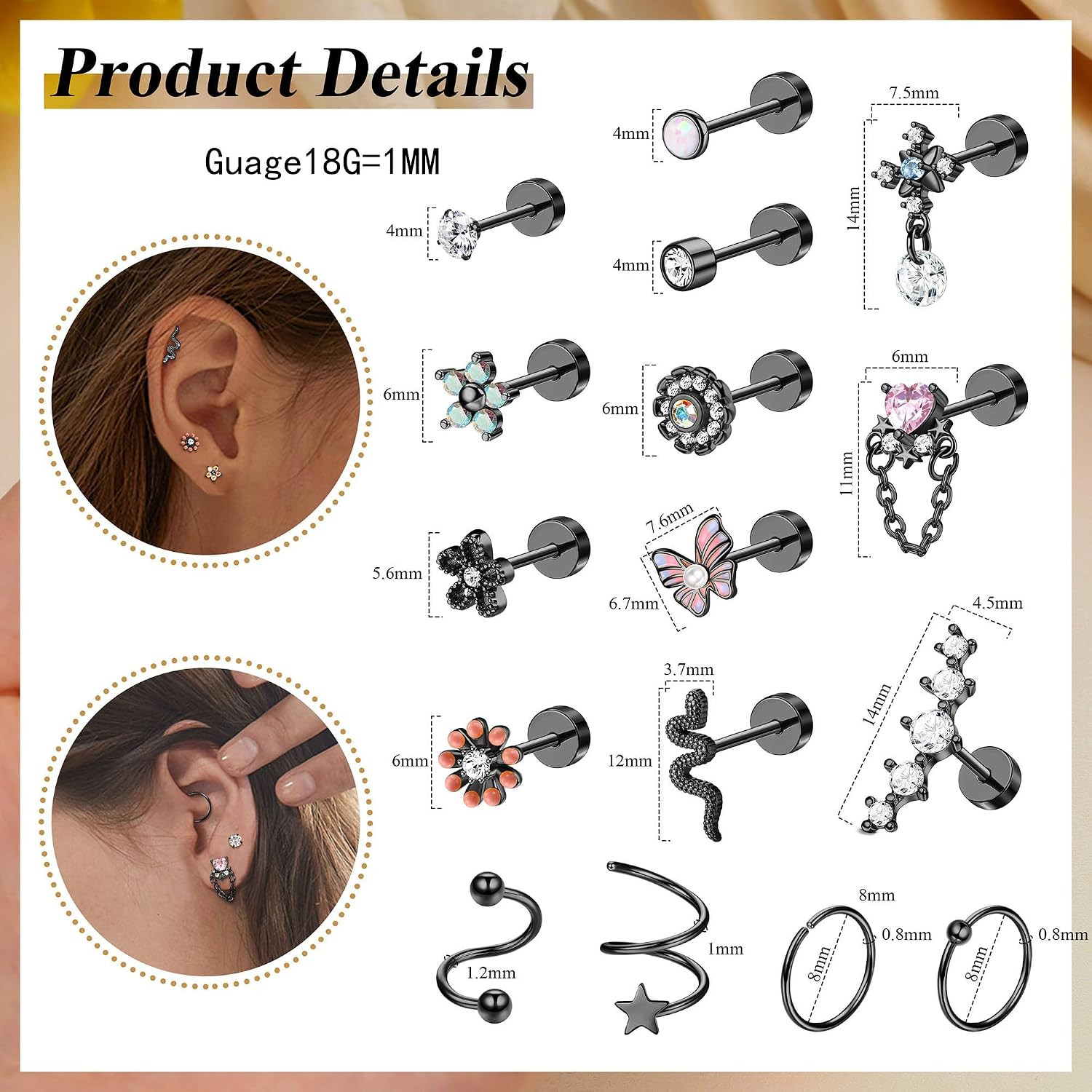 18PCS Cartilage Earring Stud for Women Surgical Steel Flat Back Earrings Couch H