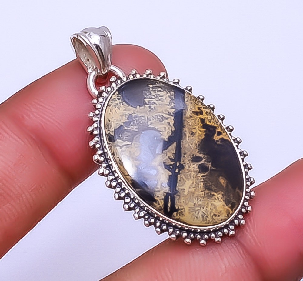 Honey Dendritic Opal – Mexico Gemstone 925 Sterling Silver Pendant 1.56″ P11