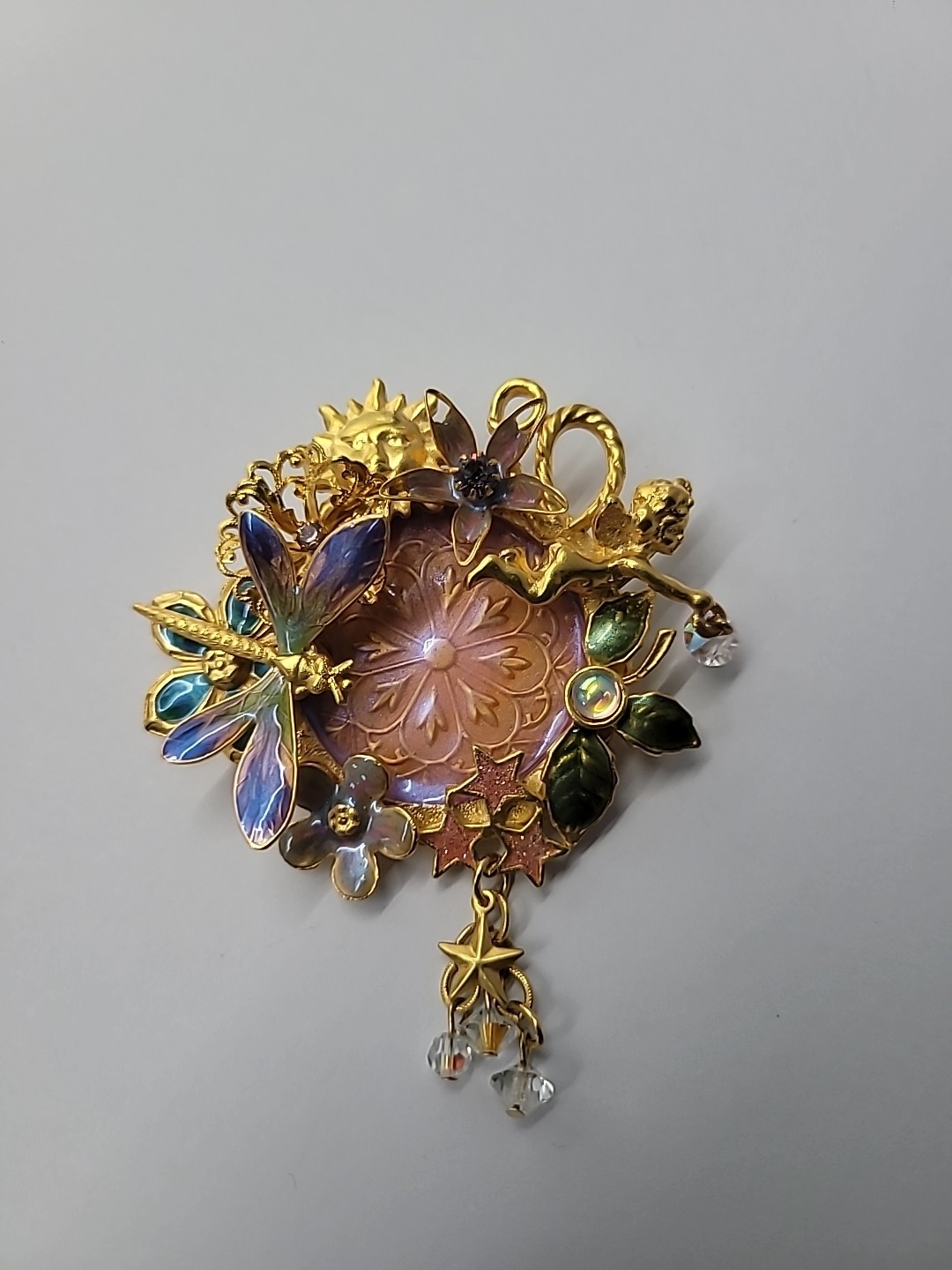 Vintage Kirks Folly Fairy Dragonfly Garden Brooch Iridescent Medallion Retired