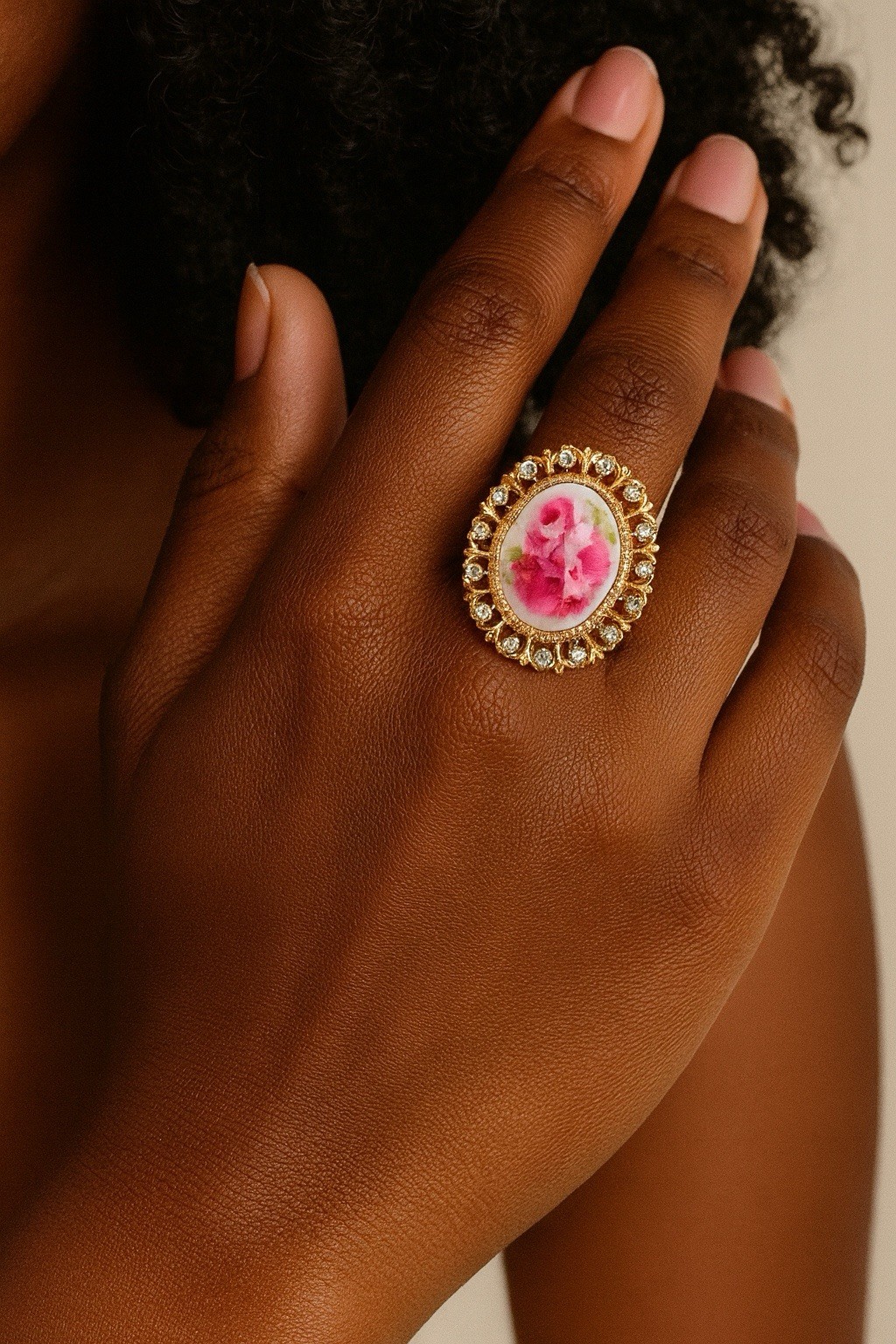 Chico’s Flower Ring Size Porcelain 14k Pastoral Oval CZ Boho 5.5 6 Rose CZ VTG