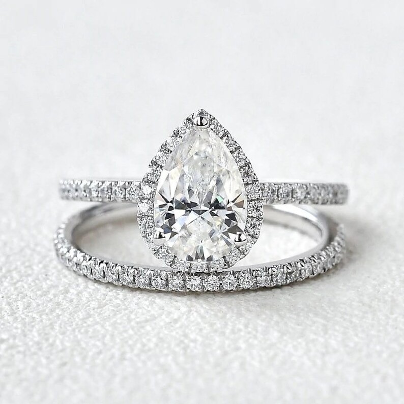 Pear Shape Wedding Ring Set Silver Engagement Promise Anniversary Gift