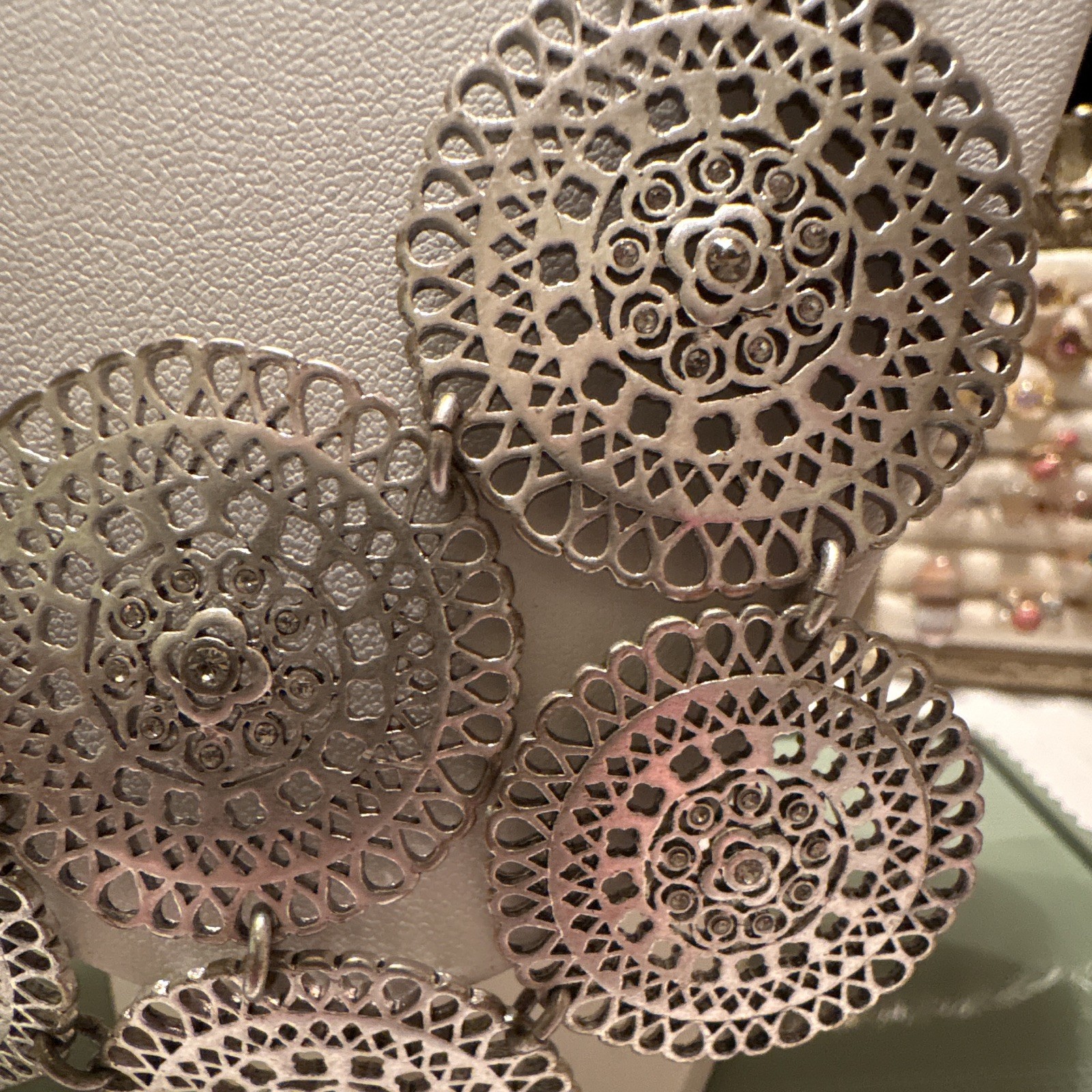 Silver-Tone Filigree Round Disc Bib Statement Necklace Braided Chain Lobster