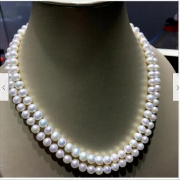 New single strand AAAA 7-8mm round Japanese Akoya white pearl necklace 36inch14k
