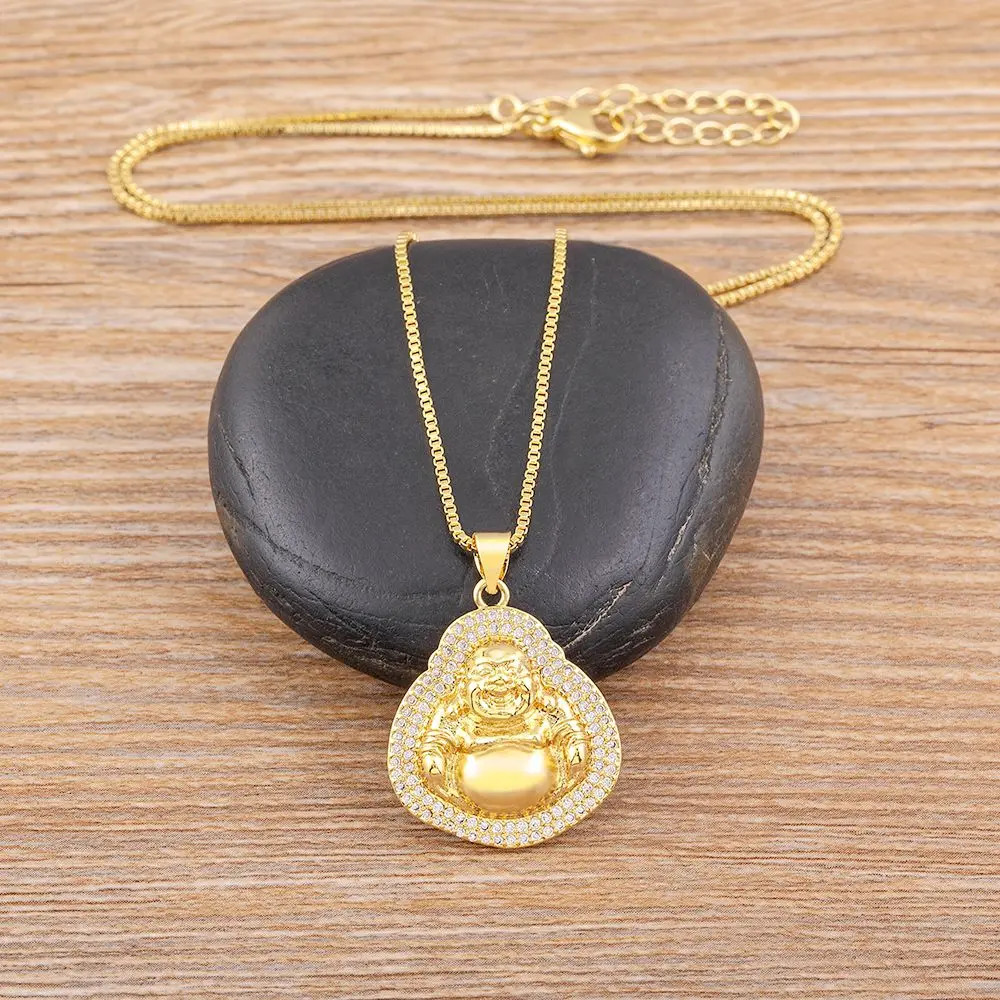 Nidin Classic Exquisite Maitreya Buddha Pendant Necklace Inlaid Shiny Zircon Cry
