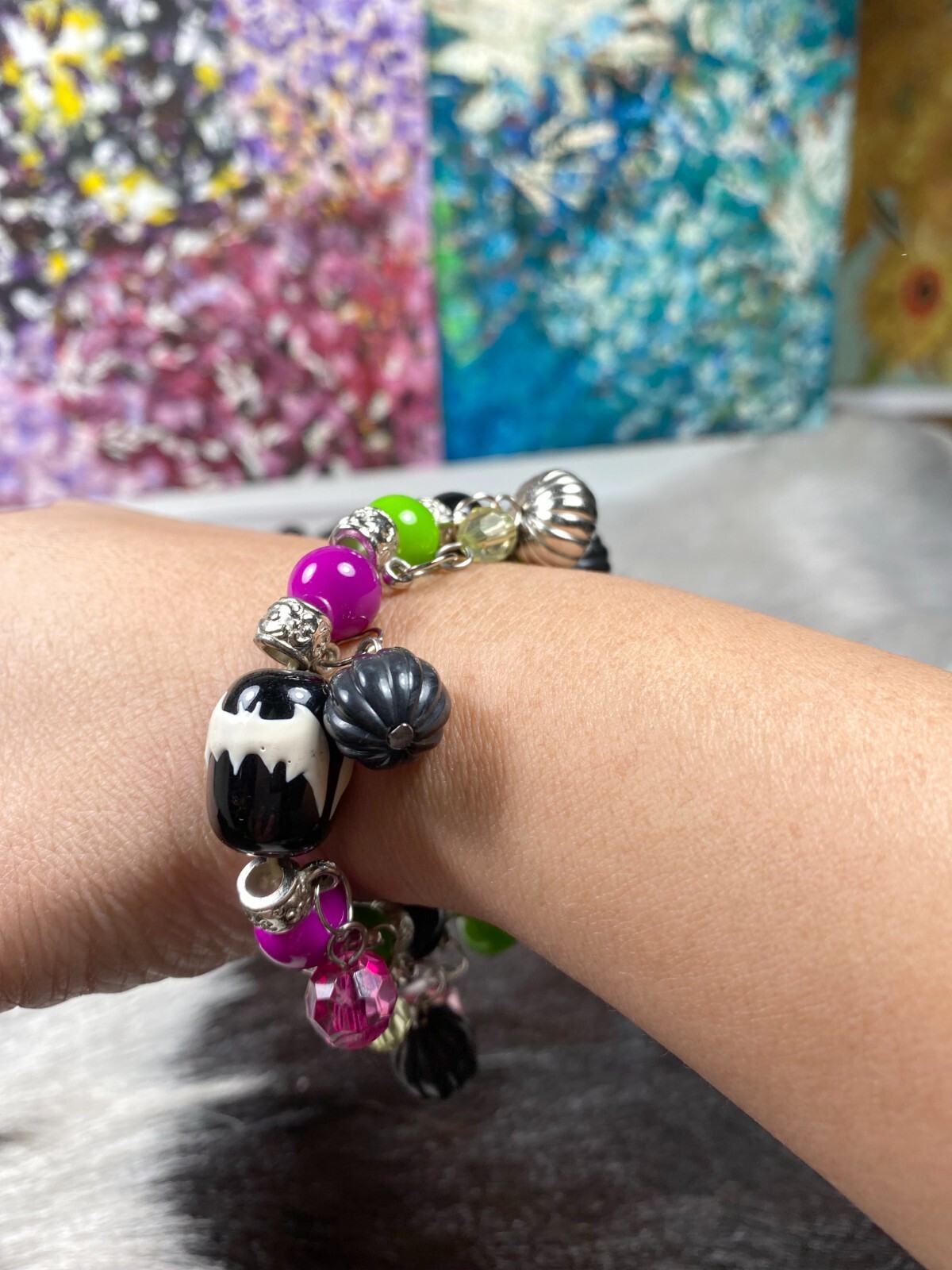 Halloween Bracelet Glass Beaded Stretch Bracelet Ghost Spooky Cat Bat Spooky 5