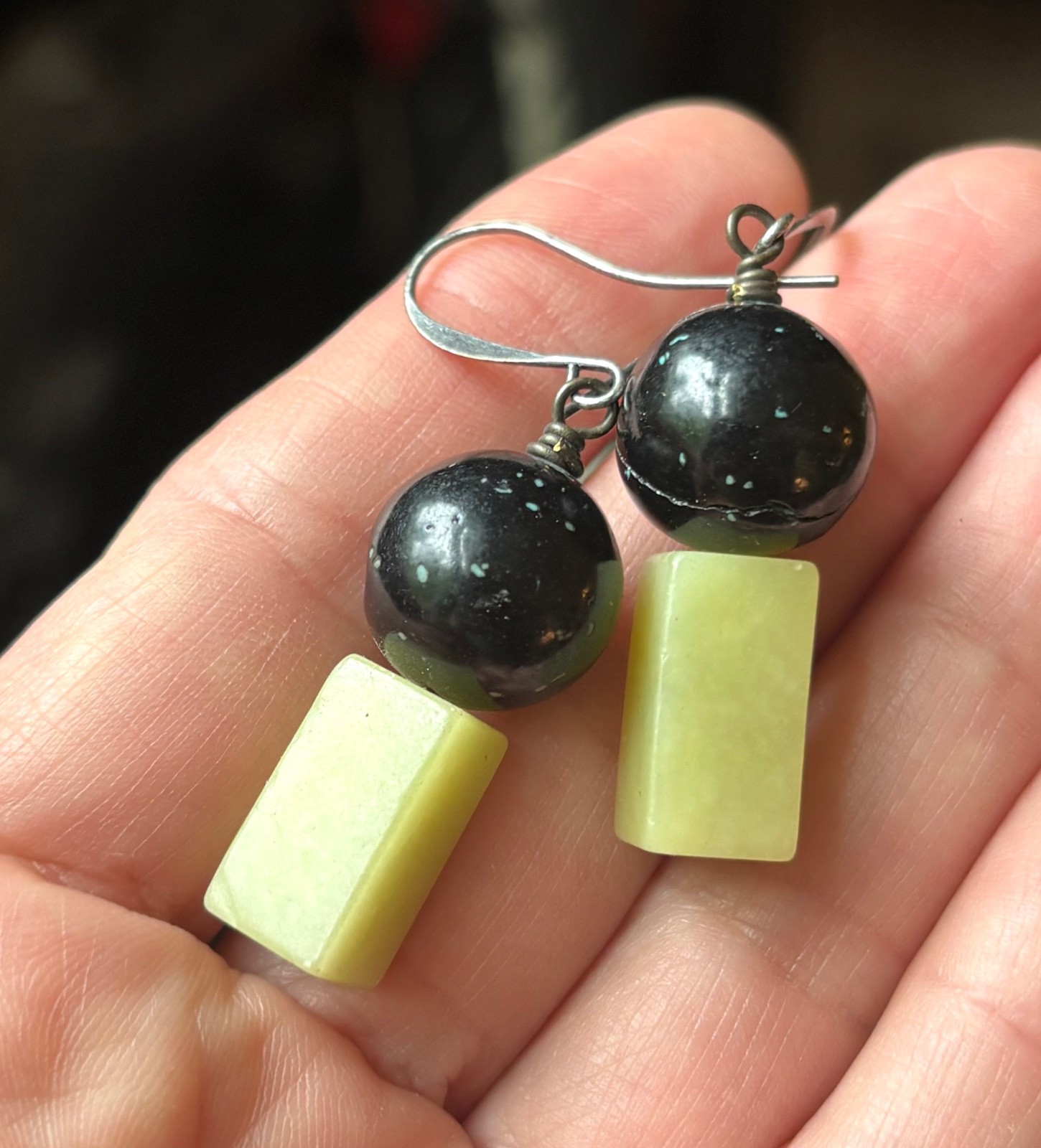 New Wave Black & Green Stone Earrings – Minimalist Memphis Milano Architectural