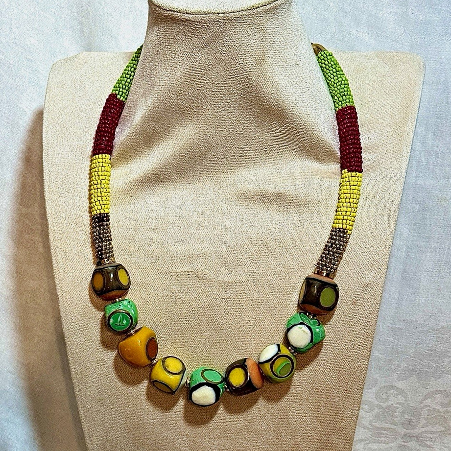Multicolor Glass Beaded Statement Necklace Ball/Bead Chain Round Boho