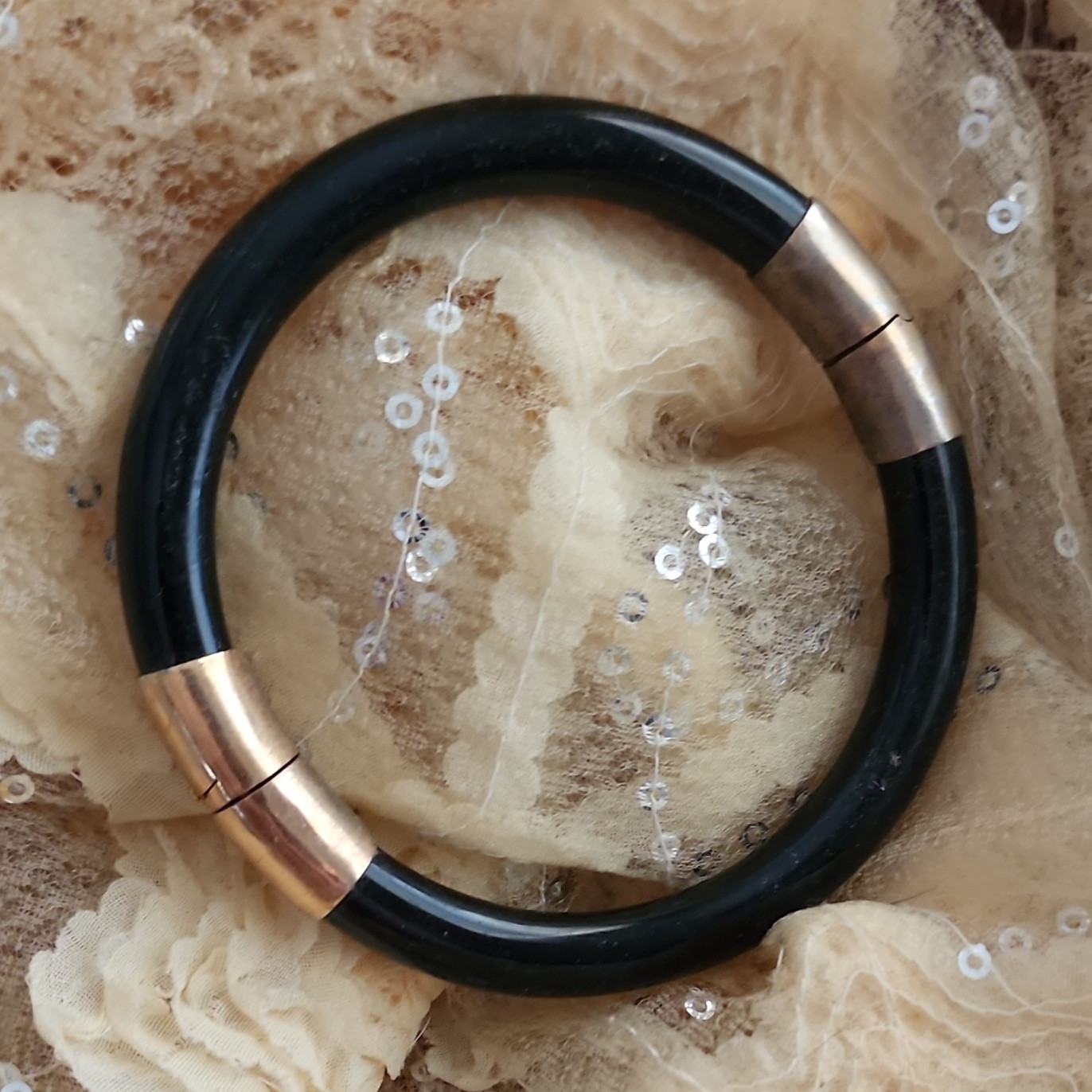 Black Bangle Bracelet Magnetic Clasp with Rose Gold & Silver Tone End Caps Stone