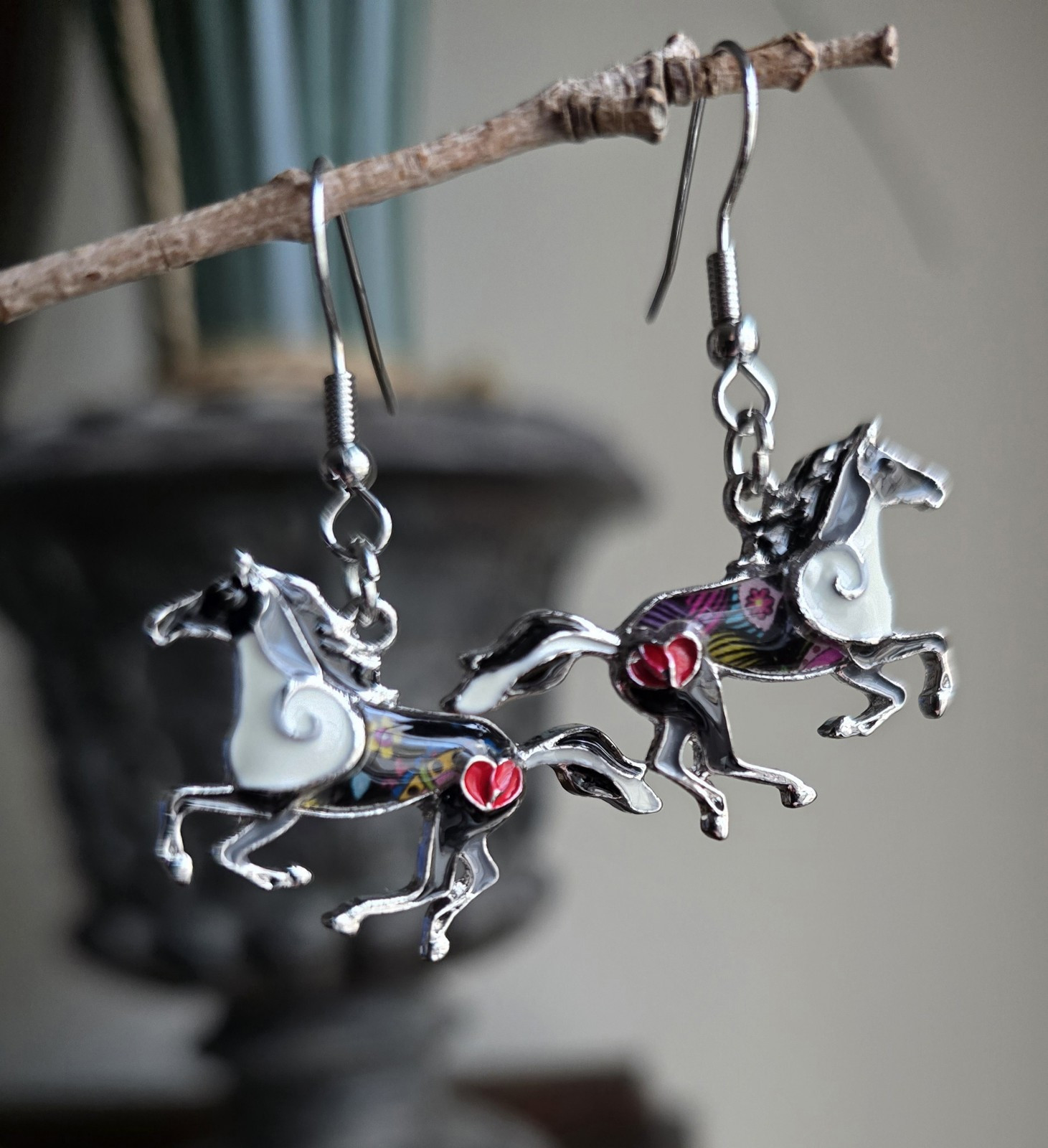 Horse Earrings Dangle Black, white, gray silver-tone. Equestrian gift, Western