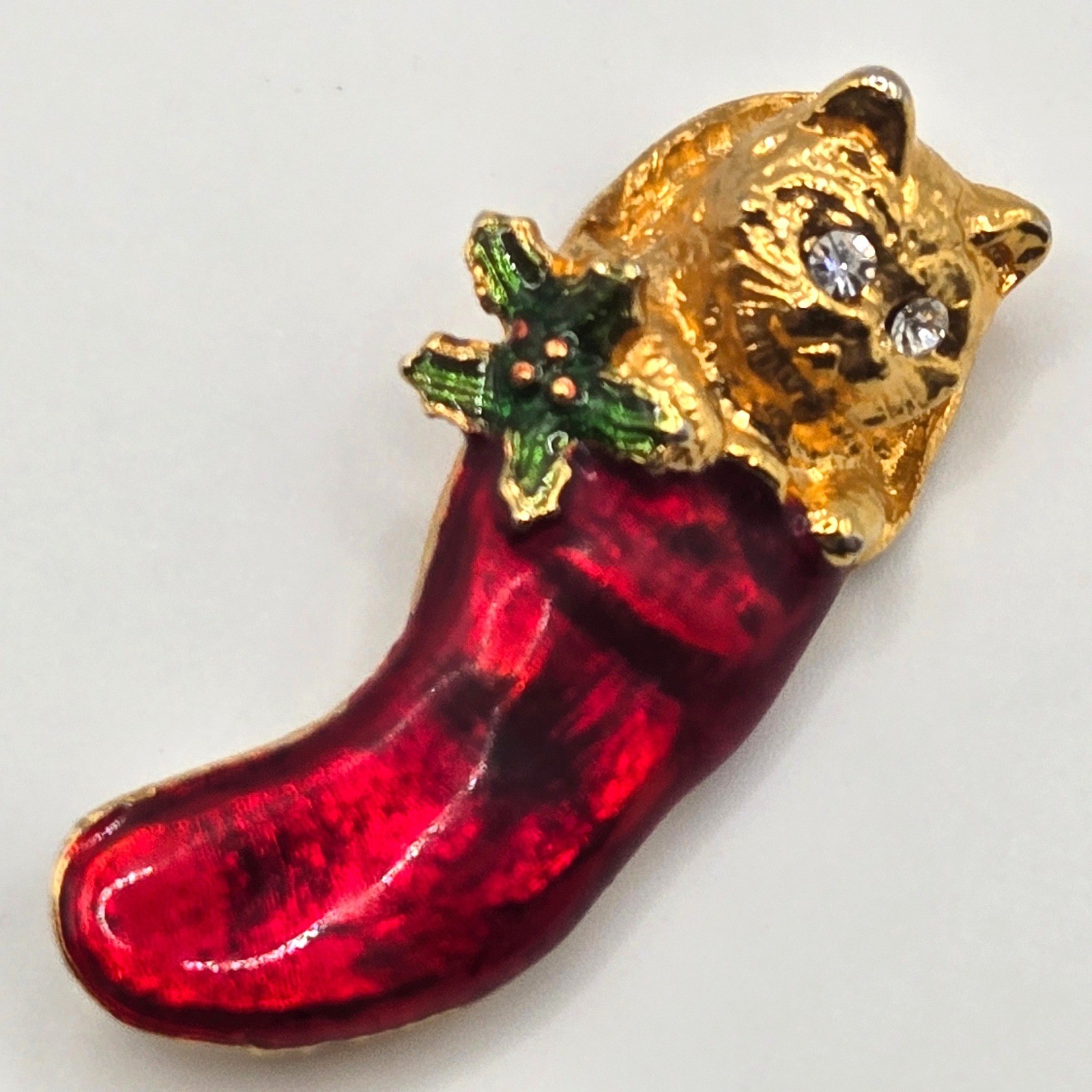 Vintage Rhinestone Brooch Cat Christmas Stocking Red Enamel Holiday Pin Animal