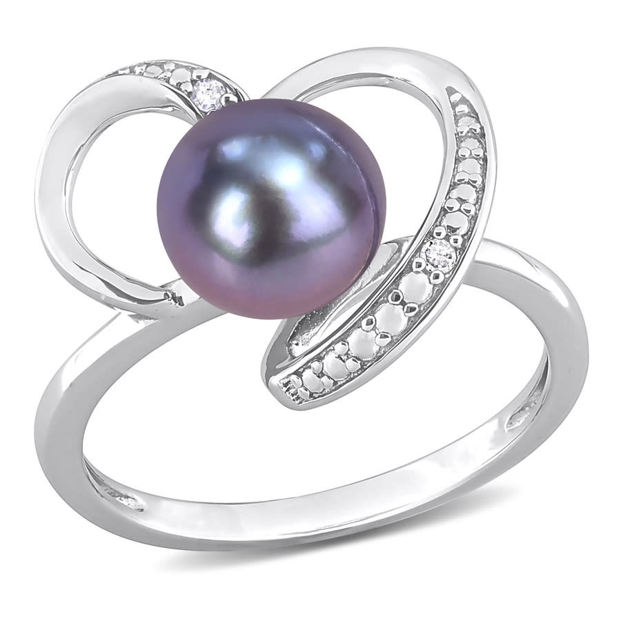 AMOUR 8-8.5mm Black Freshwater Cultured Pearl and Diamond Accent Heart Ring In