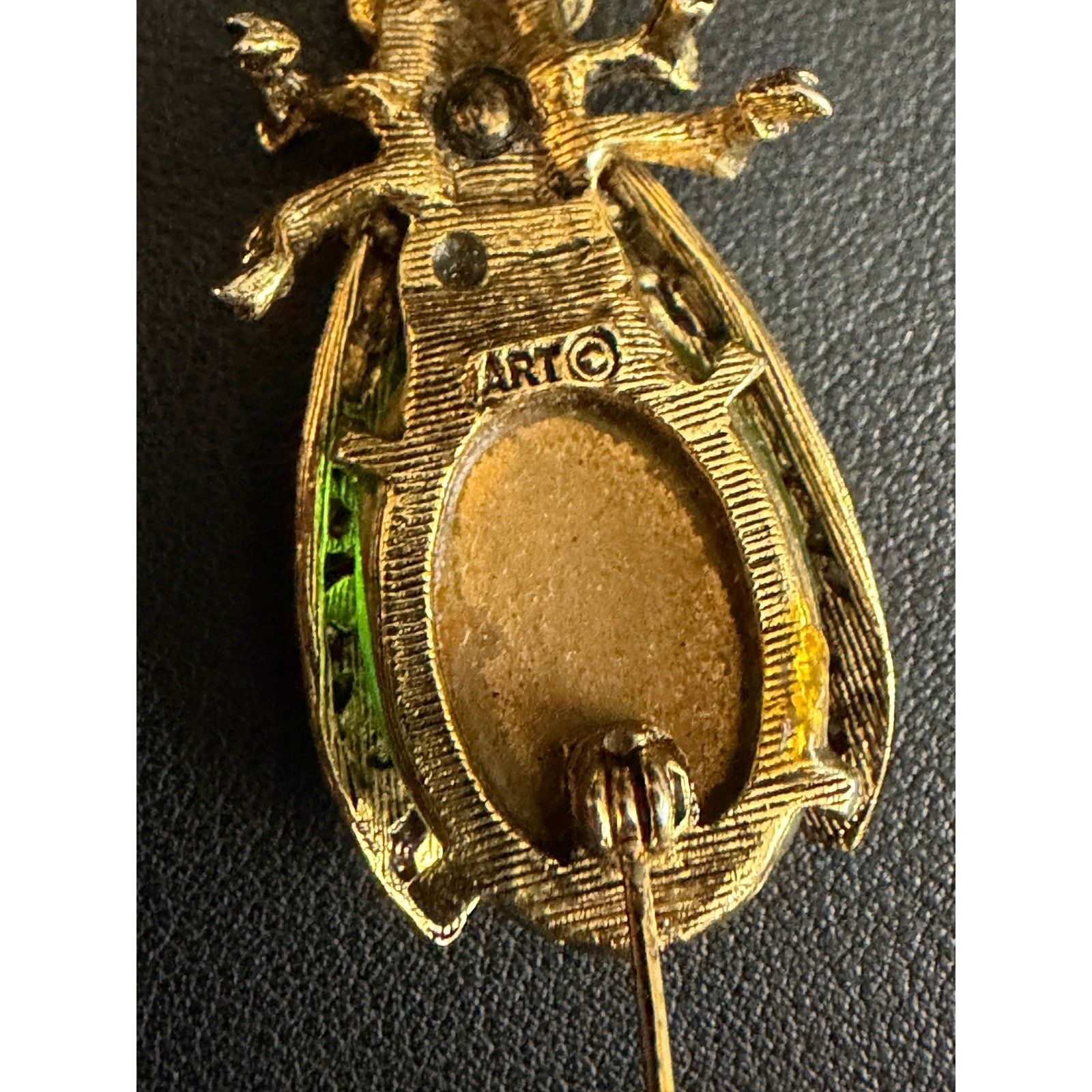 Vintage ART Insect Brooch Arthur Pepper Green Jelly Belly Rhinestone Gold Tone
