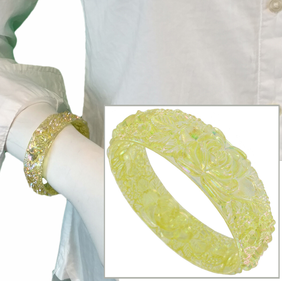 Yellow Clear Aurora Borealis Flower Plasic Bangle Bracelet
