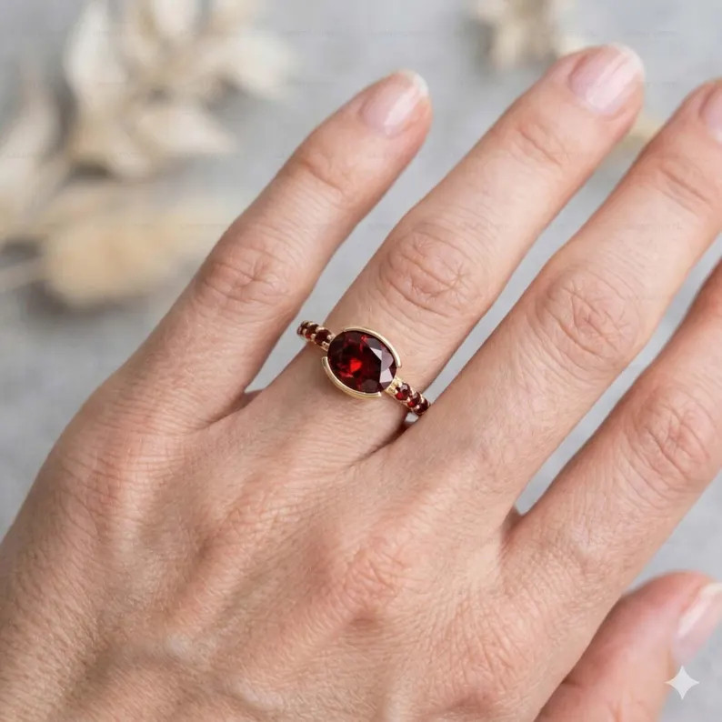 Garnet Ring, Gold Alloy, Anniversary Birthday Gift For Her, Women Ring