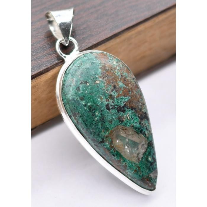 Green Azulite Natural Gemstone Ethnic Silver Plated Pendant 2.25″ J 57