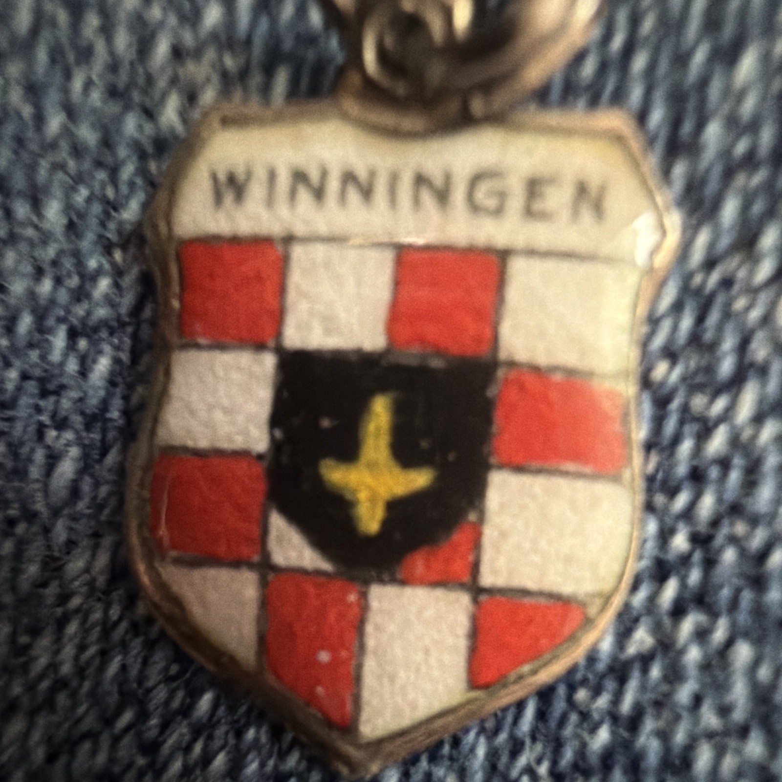 800 Silver Enamel Winningen Shield Dangle Charm Heraldry Signed Spring Ring