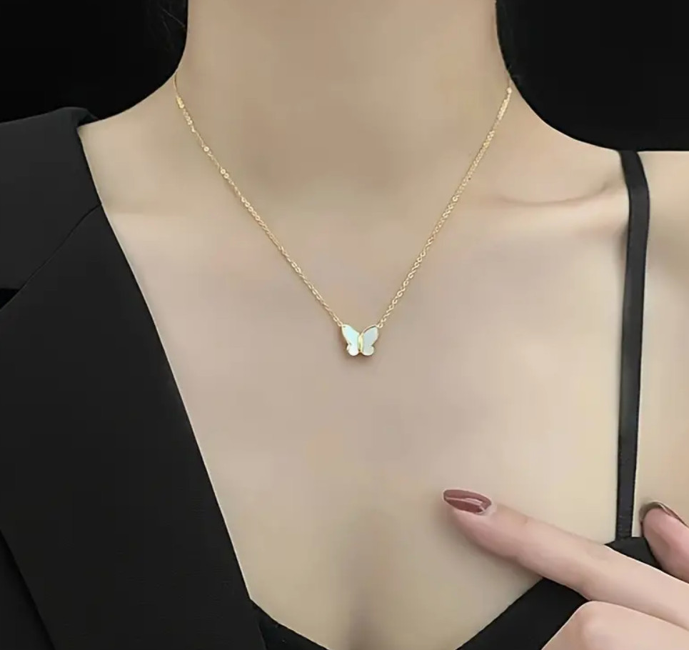 Dainty Elegant Mother of Pearl Butterfly Pendant Gold Plated Timeless Necklace
