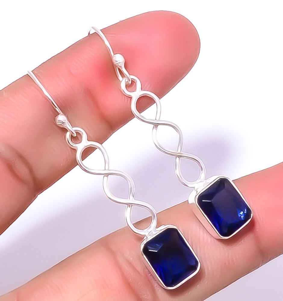 Blue Sapphire (Lab-Created) Gemstone 925 Silver Plated Spiral Earring 1.79″ A1