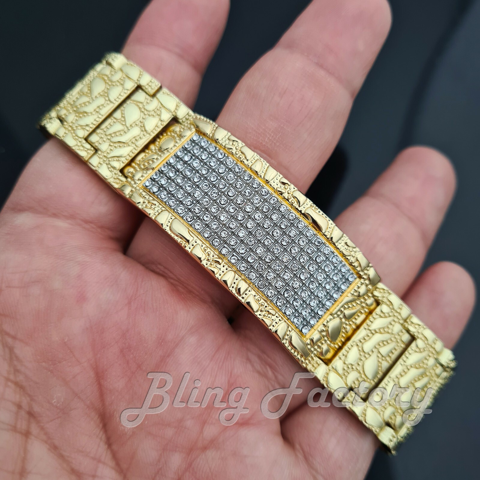 Hip Hop Simulated Diamond Gold Plated Bling Golden Nugget 8.5″ Fashion Bracelet