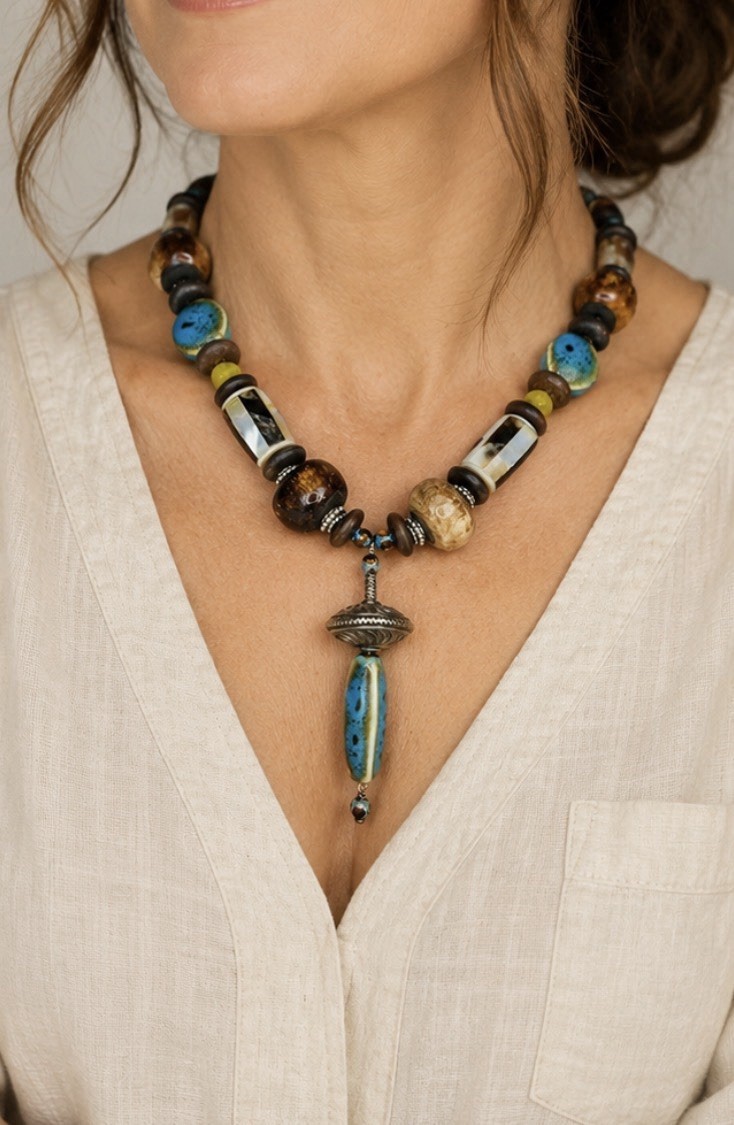 Handmade Artisan Wood Ceramic Shell Inlay Beaded Pendant Necklace Toggle Clasp