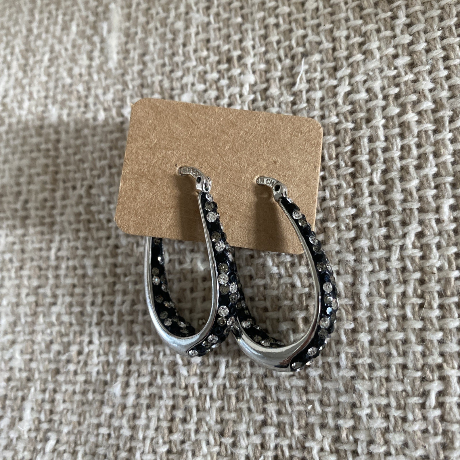 ATI BR CH Earrings Silver Black Gray Rhinestones Oval Hoop Dangle Drop Sparkly