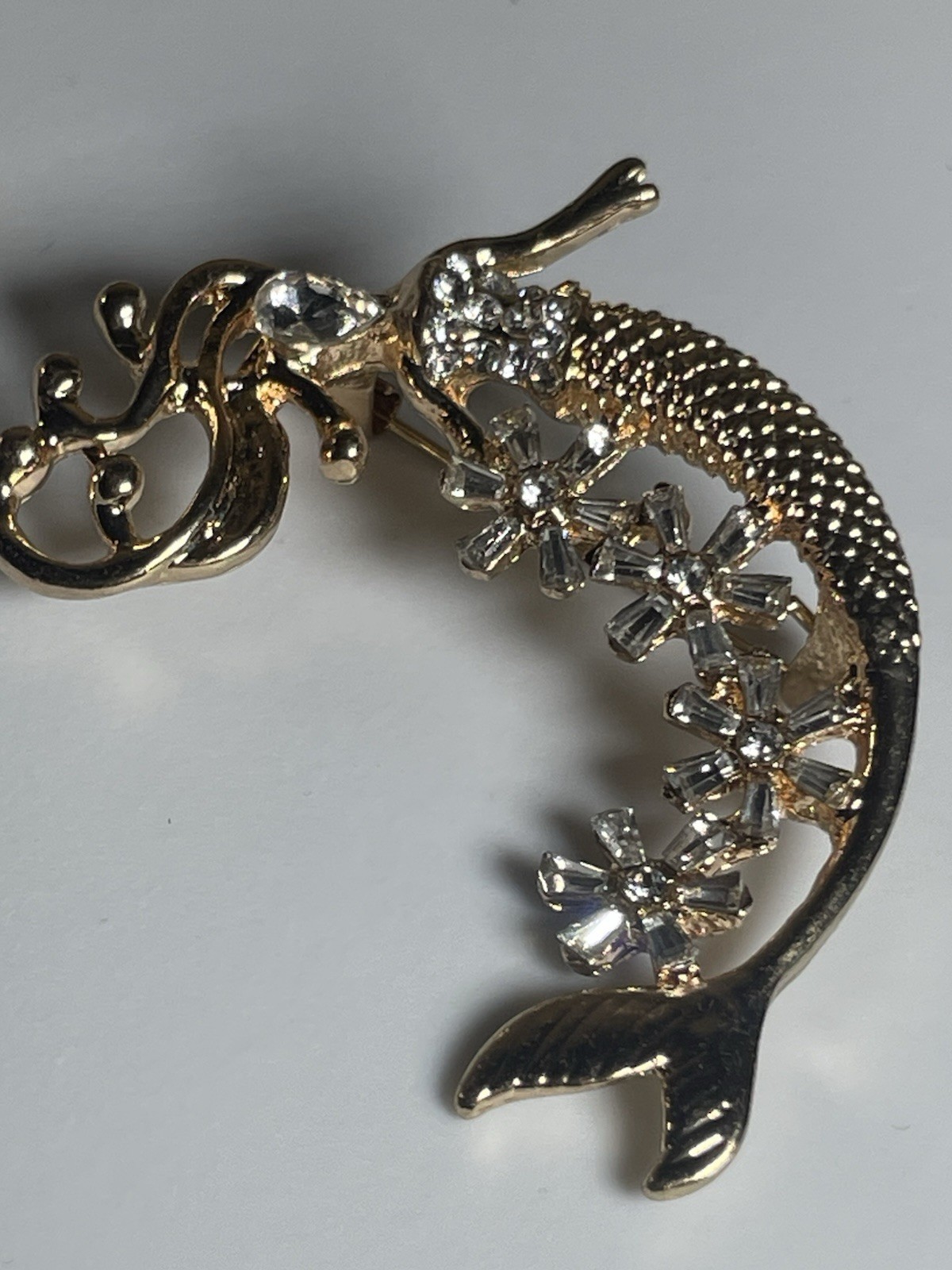 Gold Tone Mermaid Brooch Pin Clear Rhinestone Crystal Ocean Nautical Jewelry