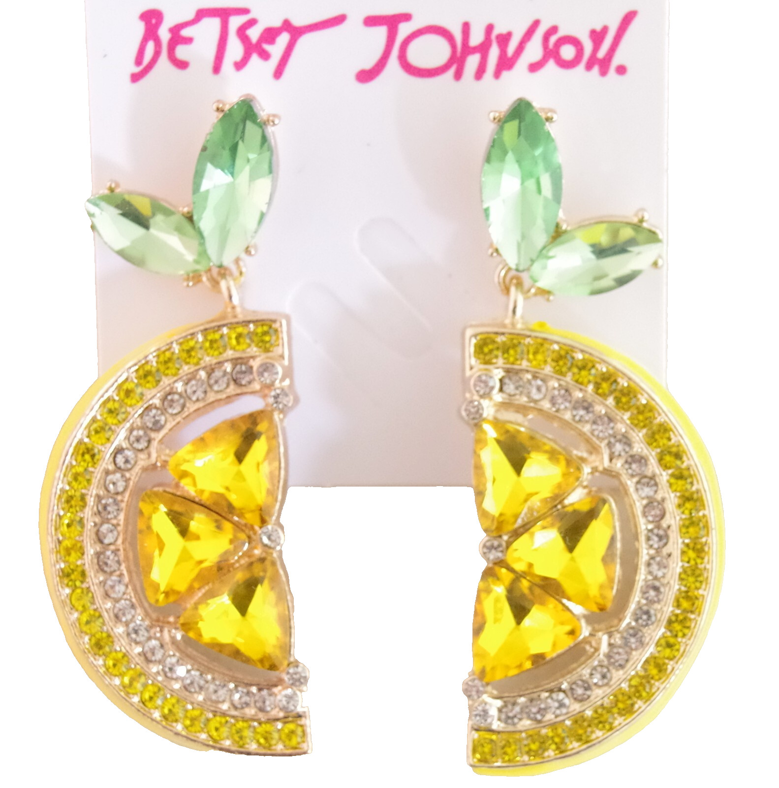2.25″ BETSEY JOHNSON LEMON SLICE FRUIT CRYSTAL RHINESTONE DROP DANGLE EARRINGS