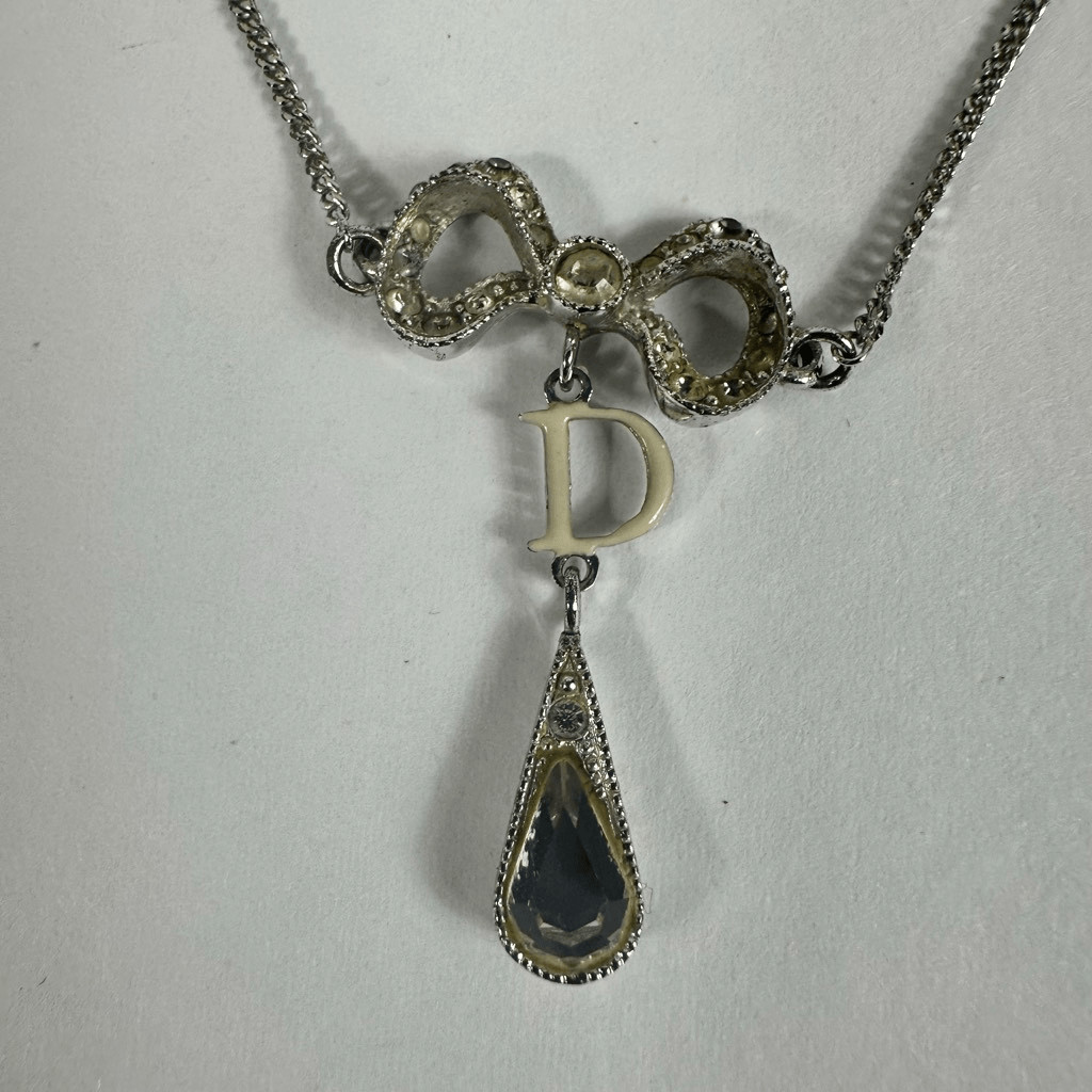Christian Dior Letter D” Y-Drop Silver Tone Rhinestone Pendant Necklace