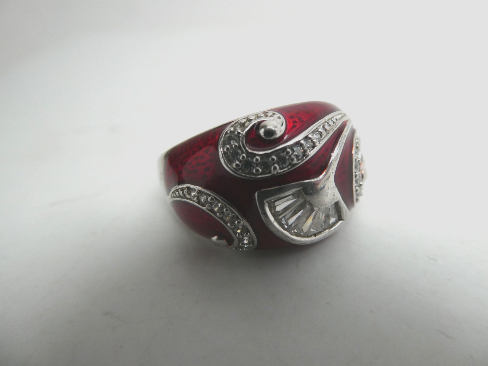 Victoria Wieck Dome Red Enamel & CZ Sterling Silver 925 Poppy Flower RING Size 8