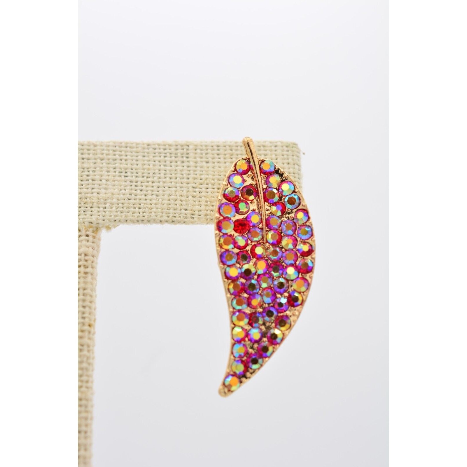 Crystal Leaf Earrings Red Rhinestone Aurora Borealis Gold Tone Sparkling BinAA