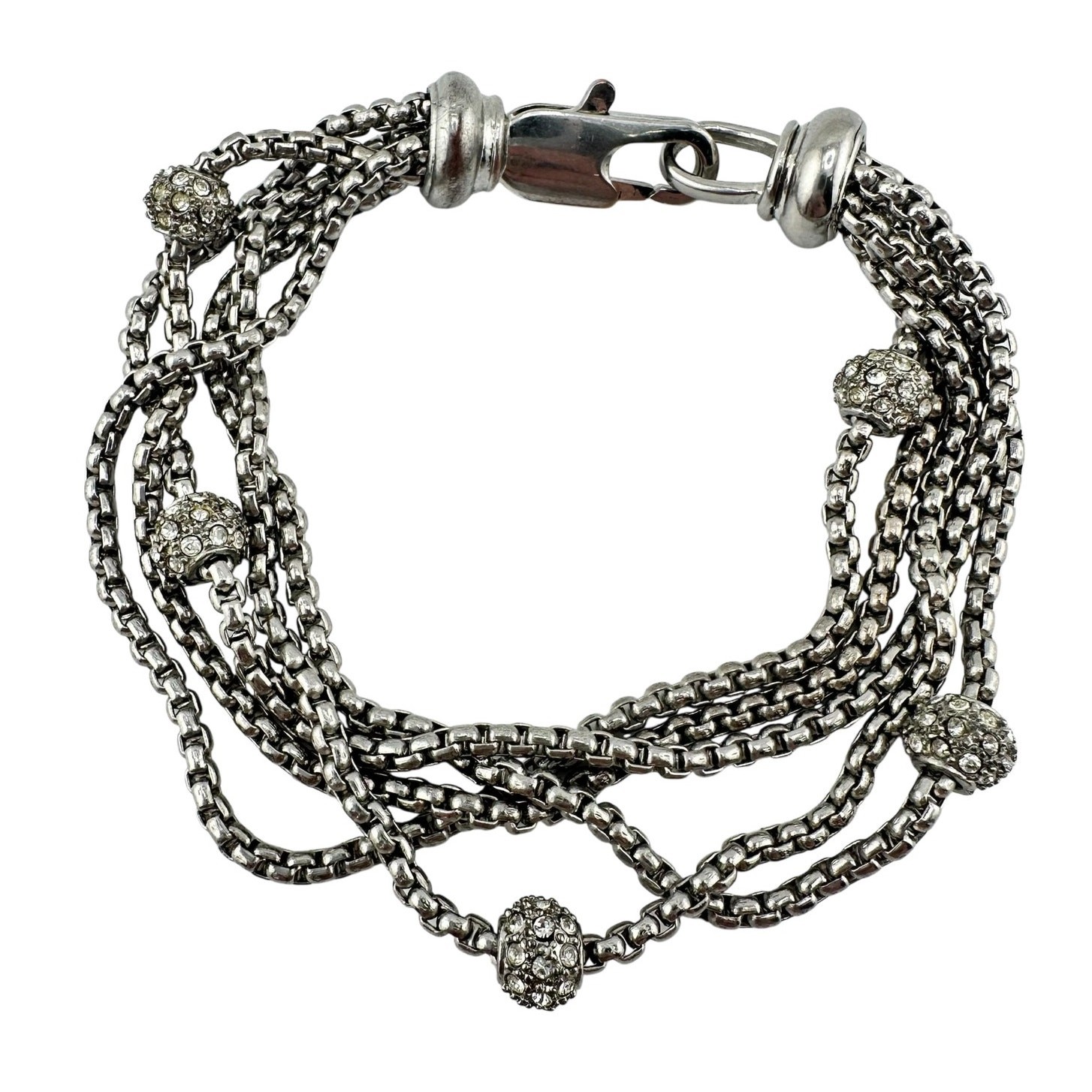 Modern Rhinestone Pave Beads Multichain Layered Look Silver Tone 7″ Bracelet