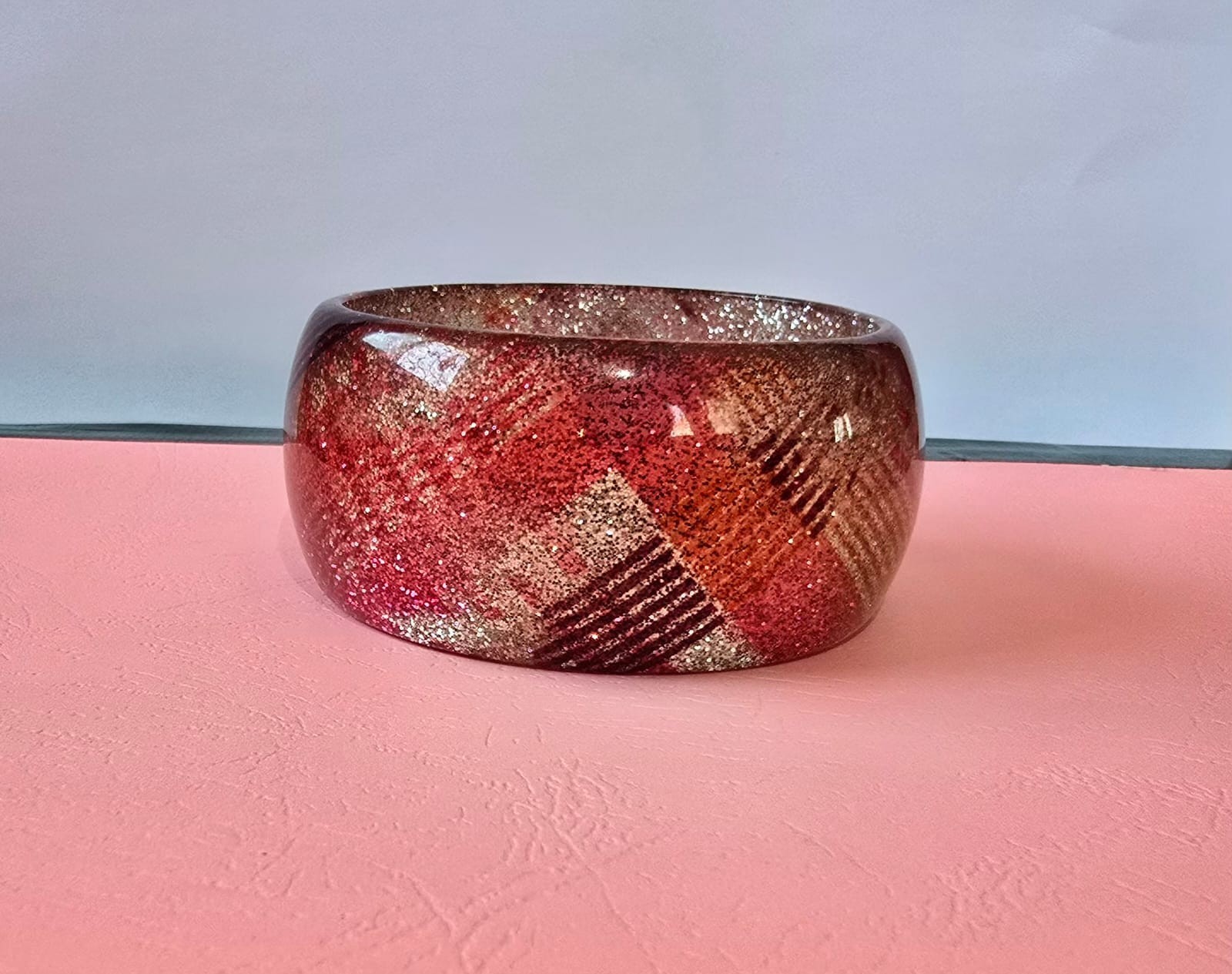 Chunky Red Resin Bangle Bracelet with Gold & Pink Glitter