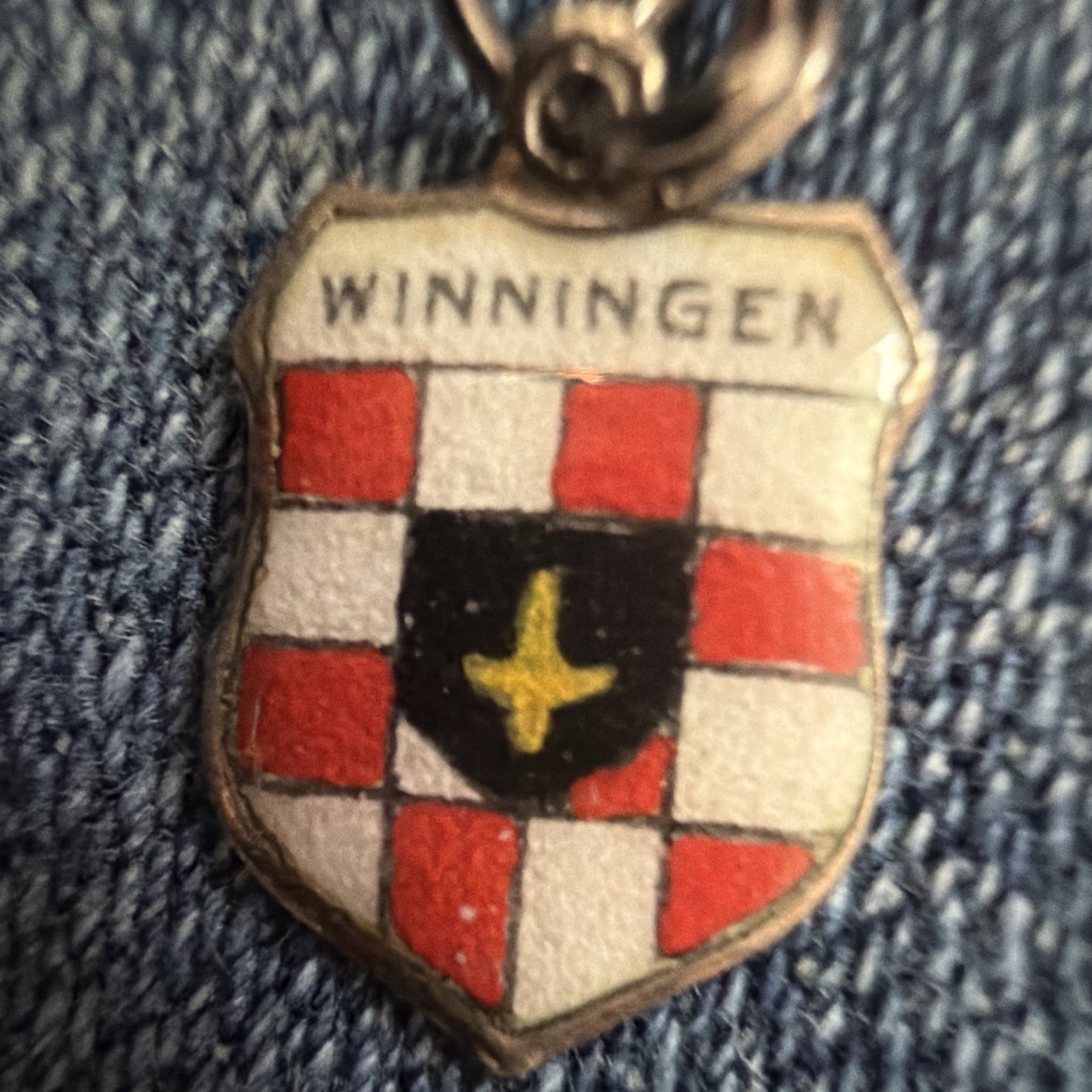 800 Silver Enamel Winningen Shield Dangle Charm Heraldry Signed Spring Ring