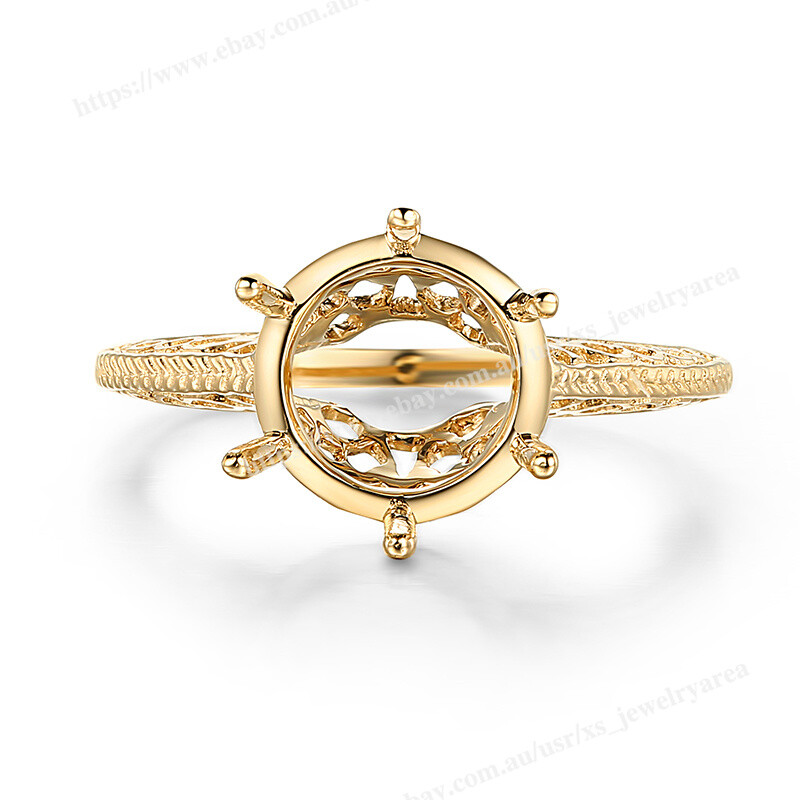 Six Prong Semi Mount Ring Brilliant Solid 14k Yellow Gold Round Cut 8.5mm to 9mm