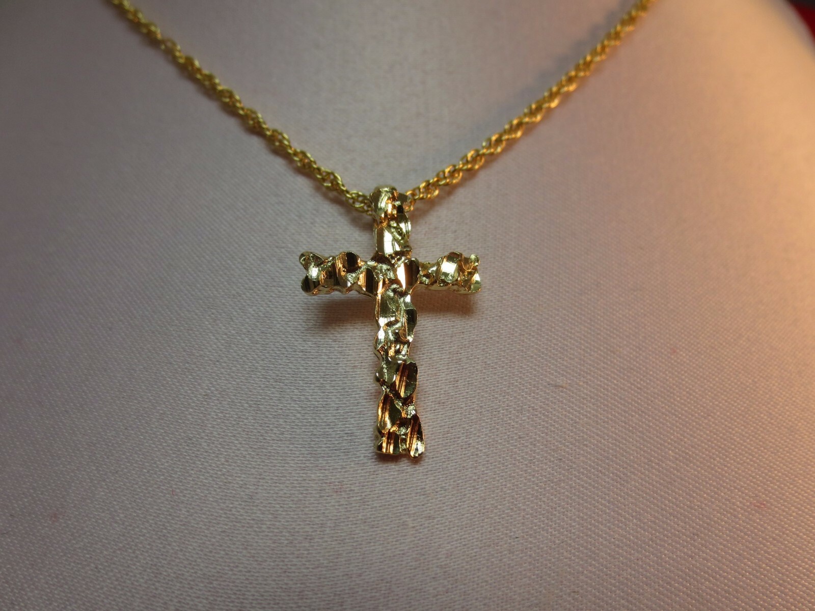 14 KT GOLD PLATED NUGGET CROSS RELIGIOUS CHARM & 16″-30″ ROPE CHAIN SET-2641