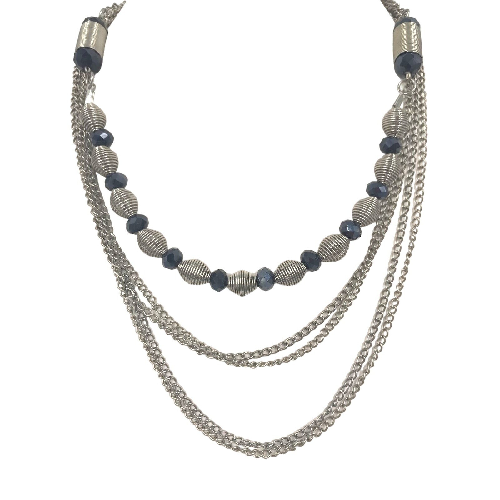 Silver Tone Chain Multi Strand Necklace Black Beads 18″