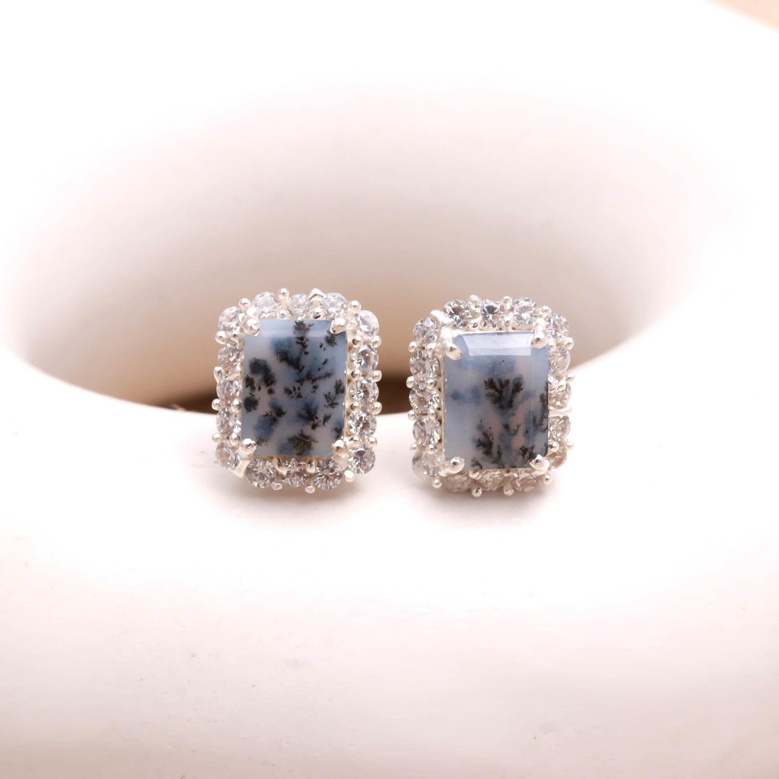 100% Natural Dendrite Opal Octagon Stud Earrings Solid Silver Moissanite Jewelry