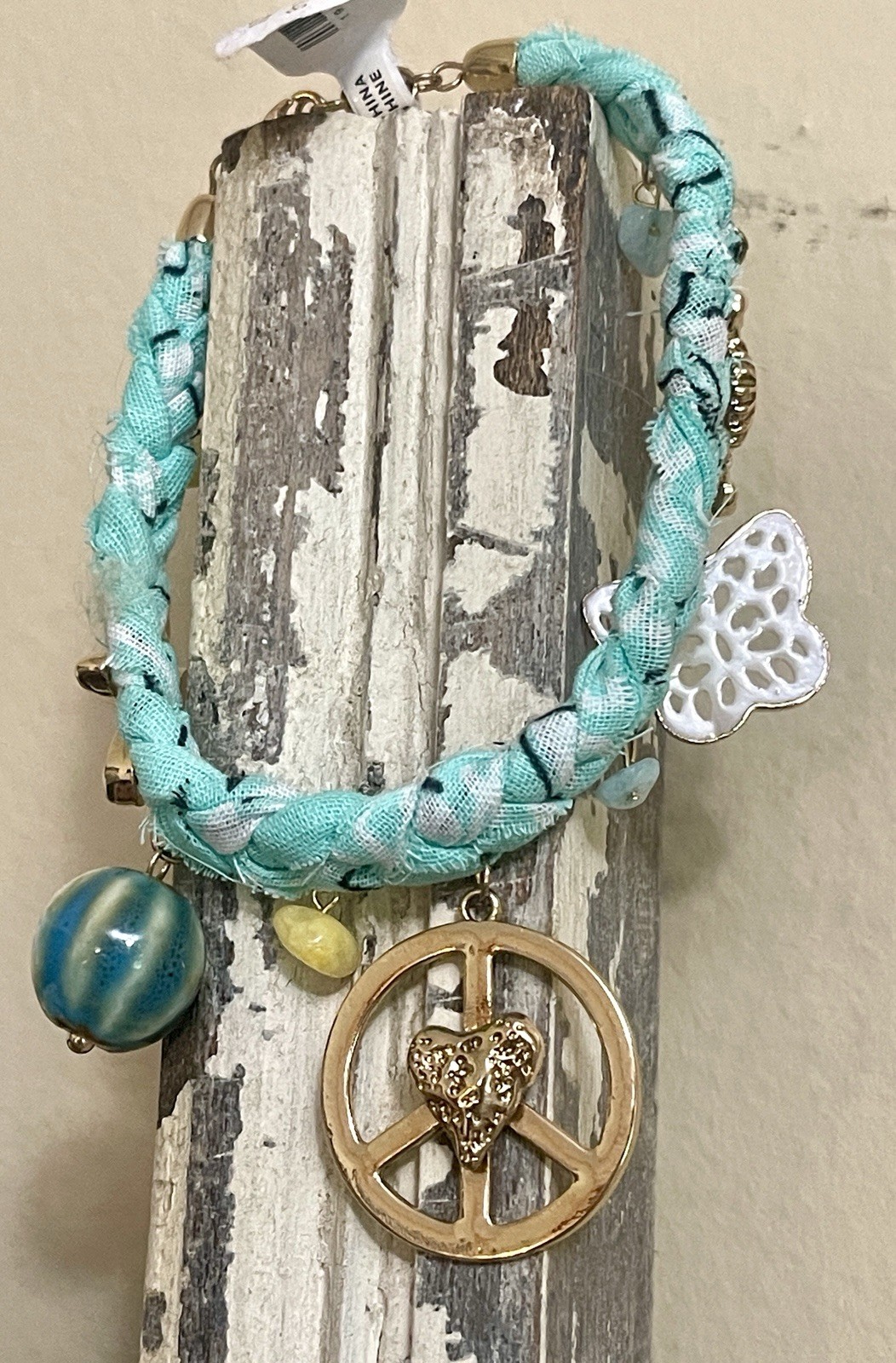 Free People Sky Charm Anklet Bracelet Turquoise Twisted Bandana Peace Adjust NWT