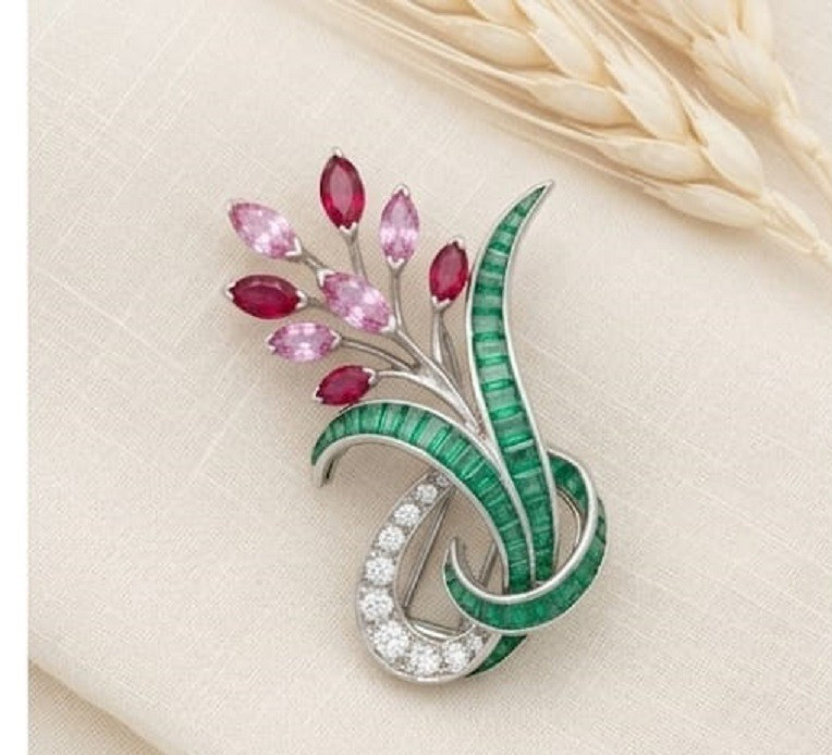 13ct Style Simulated Ruby Emerald Pink Sapphire Flower Bouquet Brooch Pin 62mm
