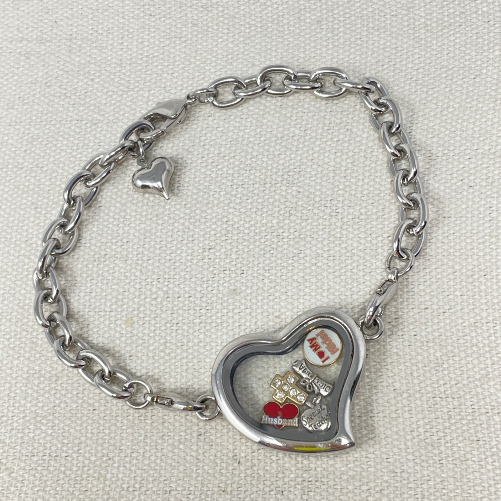 Heart Locket Bracelet Floating Charms Love Personalize Silver-Tone Mom Teacher