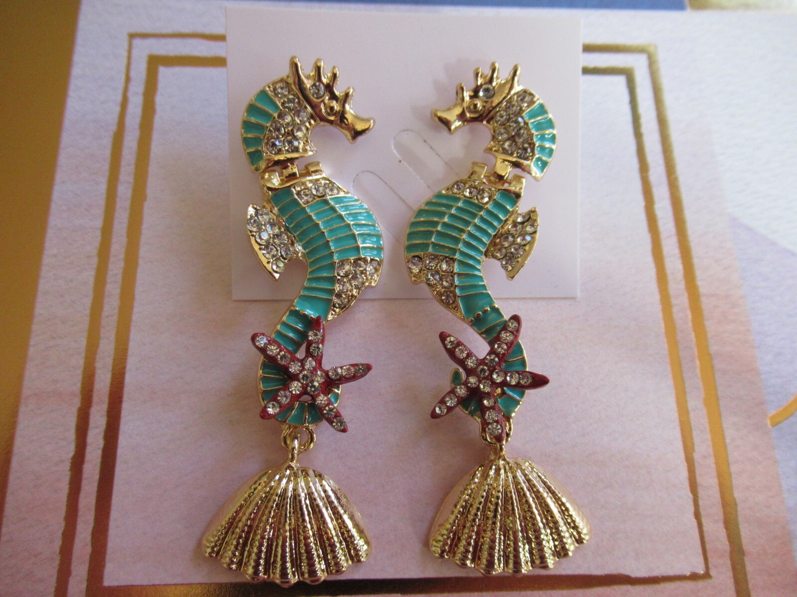 Dangling Multicolor Seahorse Starfish Shells Green Seahorse Crystal Earrings NWT