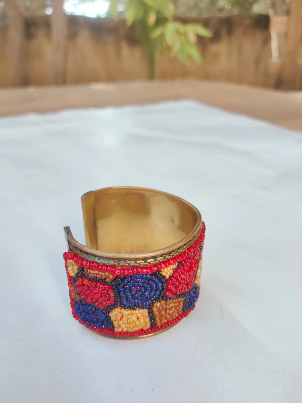 Handmade Brass Cuff Bracelet Colorful Seed Beaded Wide Open Bangle Boho Ethnic