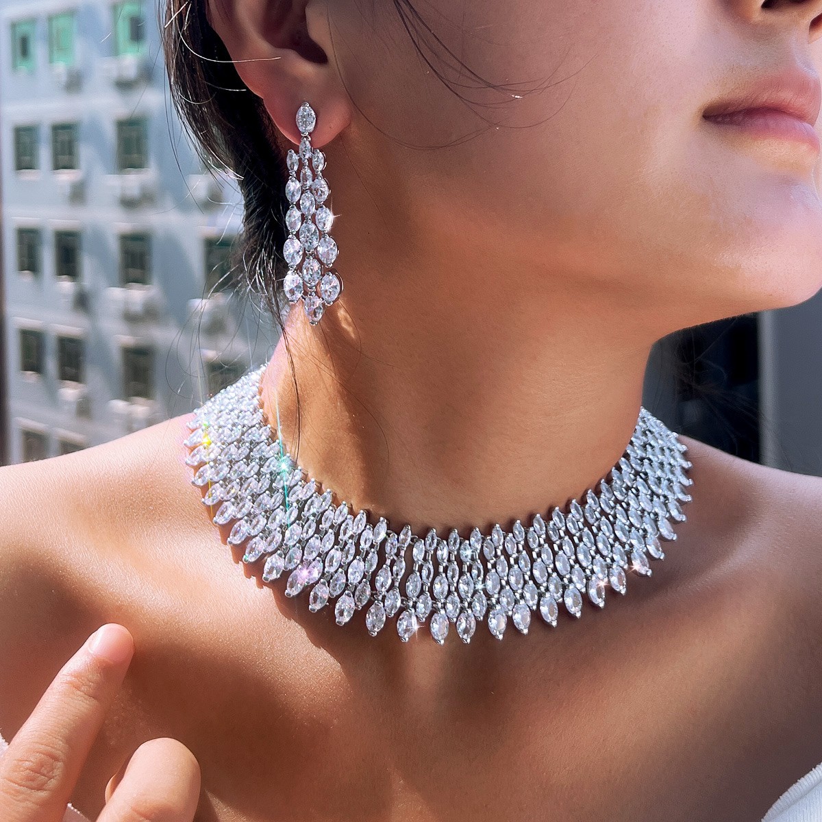 Dazzling Wedding Party Drop Necklace Earrings Silver Plated CZ White Jewelry Set