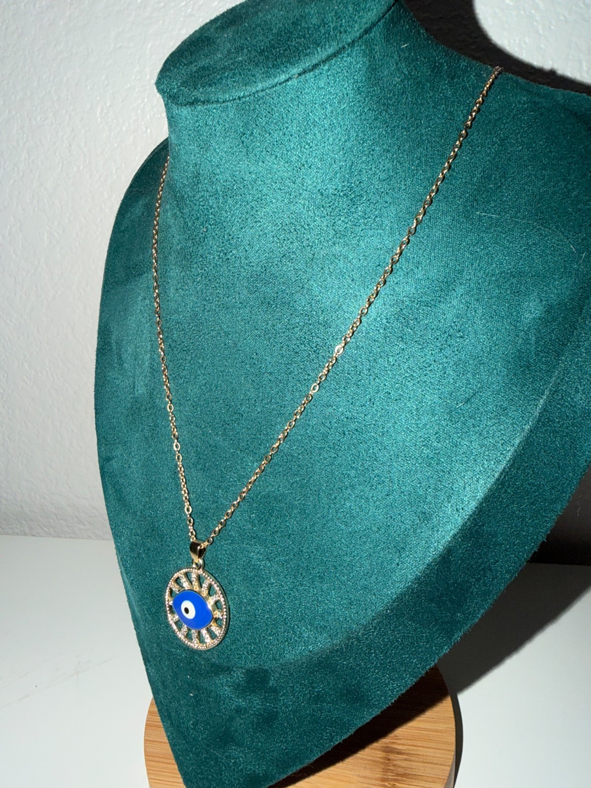 Handmade Evil Eye Pendant Necklace Fold Tone Crystal Circle Charm