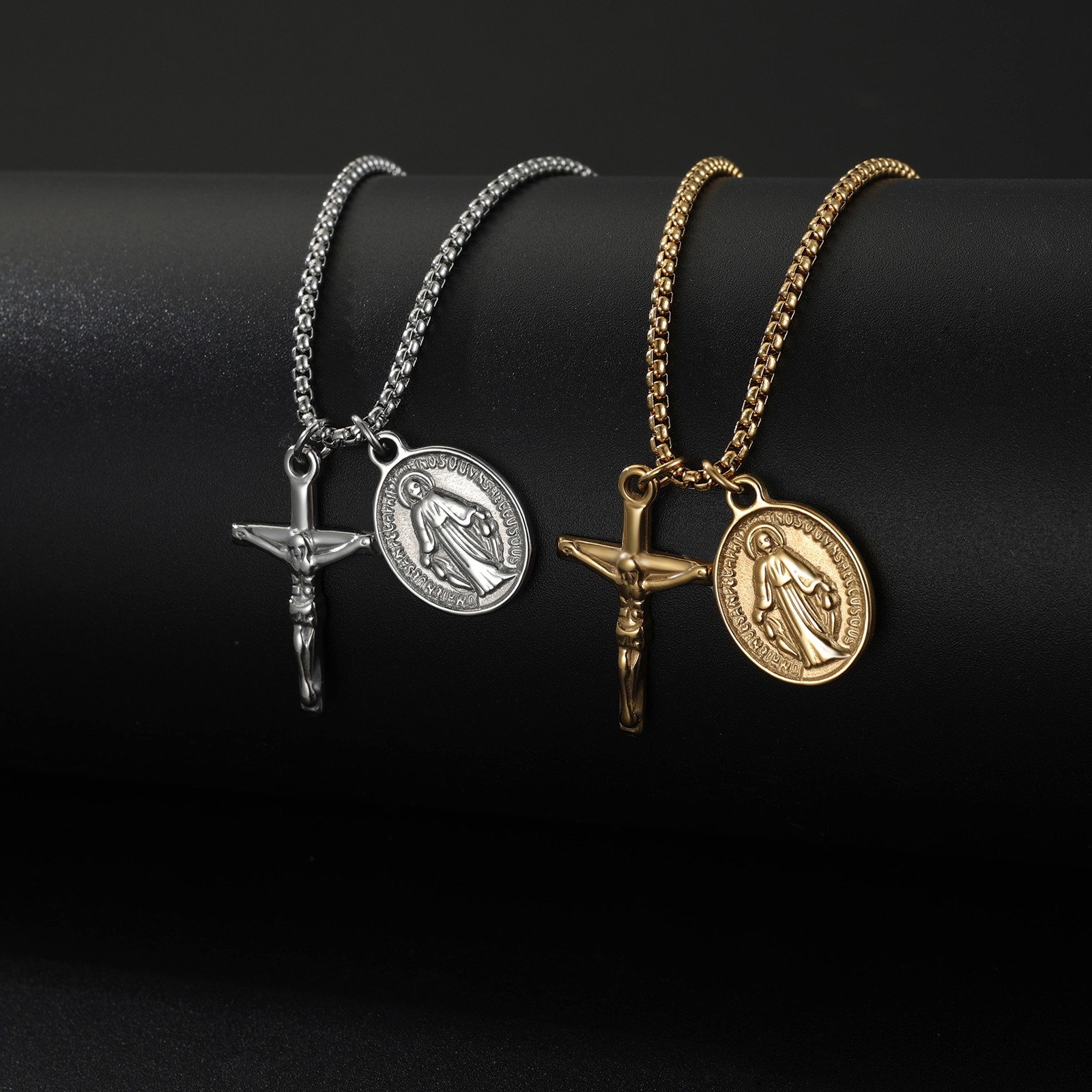 Virgin Mary Jesus Cross Crucifix Rosary Necklace with Miraculous Medal Men Women