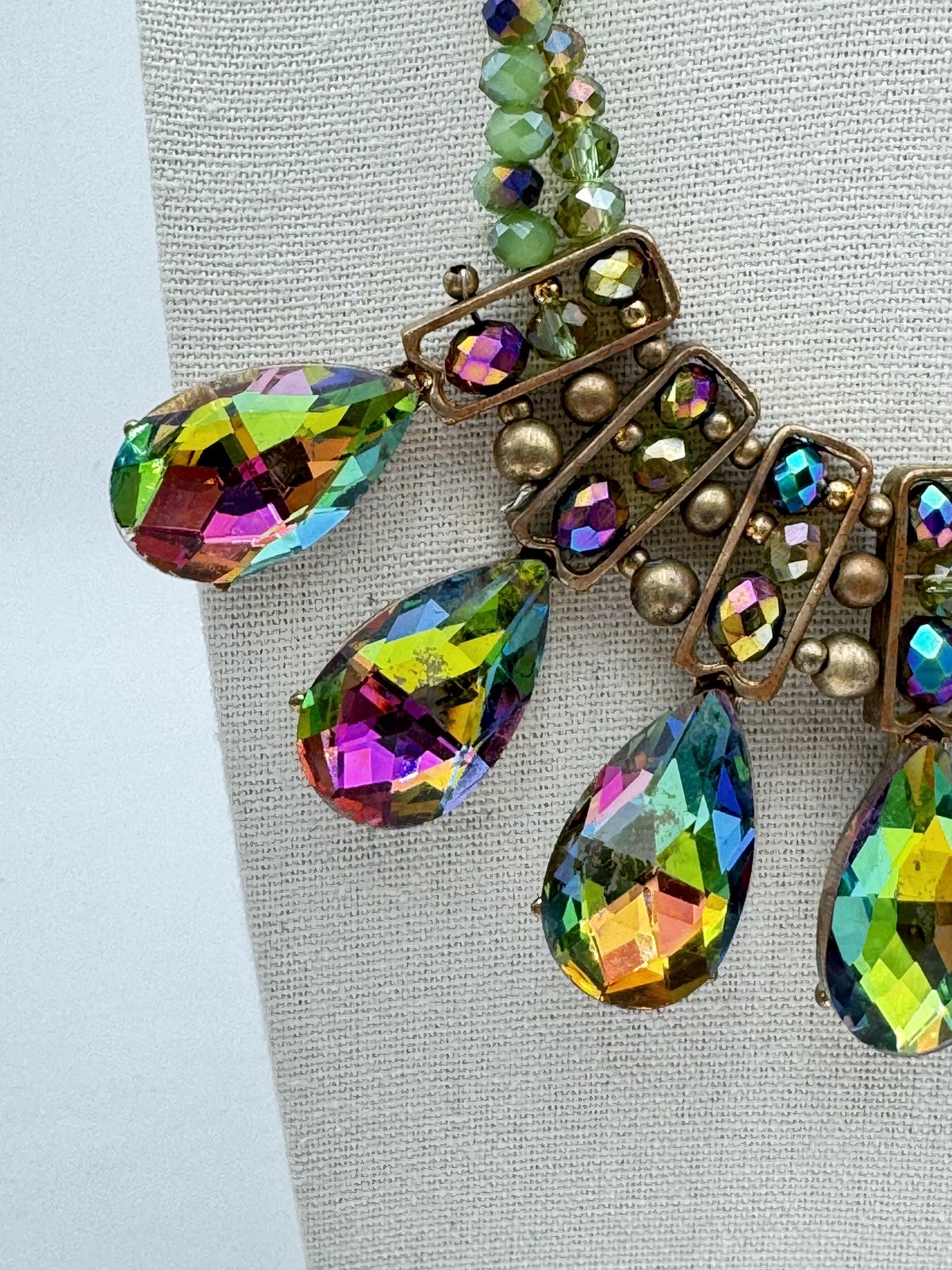 Aurora Borealis Chunky Statement Bib Necklace Beaded Teardrop 15in Rainbow