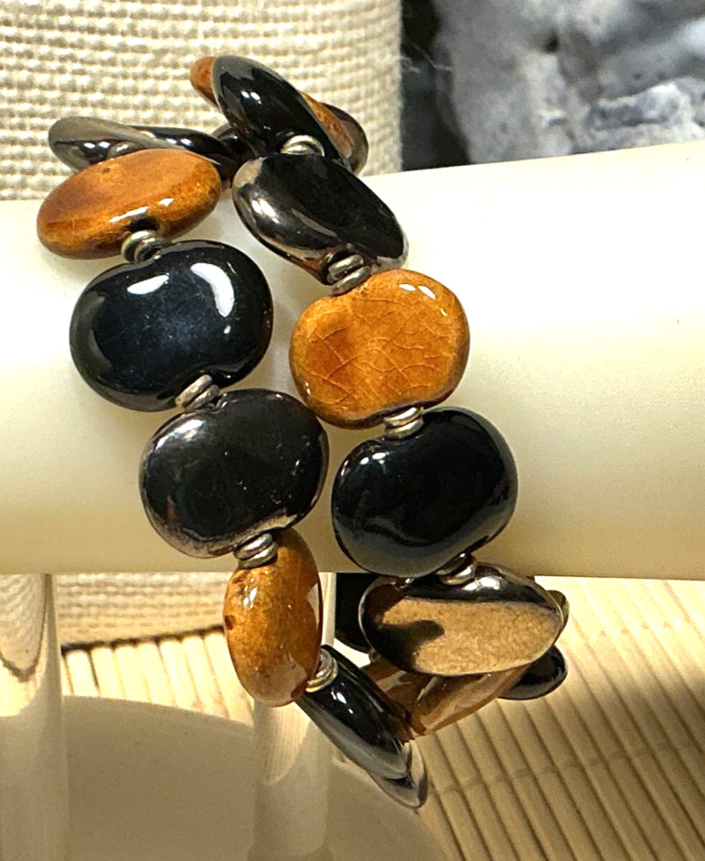 Fashion Bracelet Black Brown Ceramic Brass Wire Recoil Bangle Lot 92D