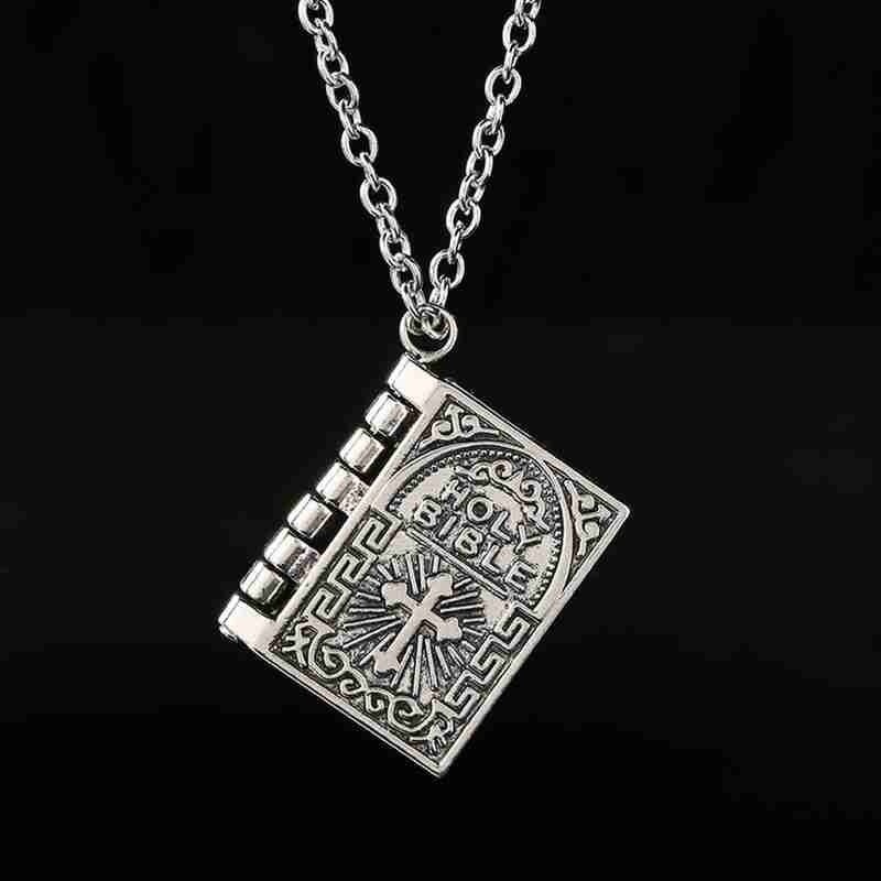 Holy Bible Book Silver Locket Necklace – Religious Prayer Christian Scripture