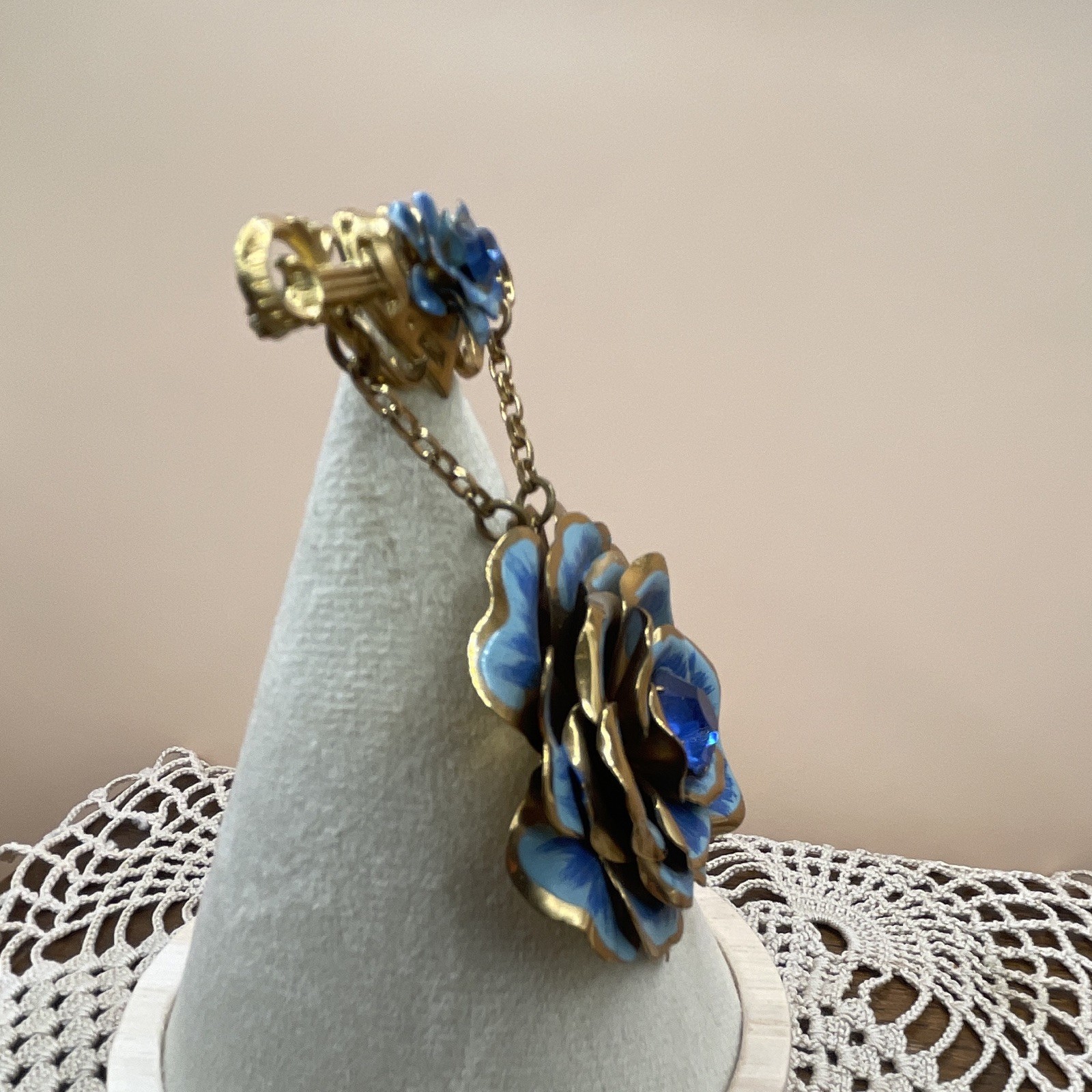 Gold Tone Blue Enamel Flower Dangle Brooch Pin w/ Chain, Possible 1928 Brand